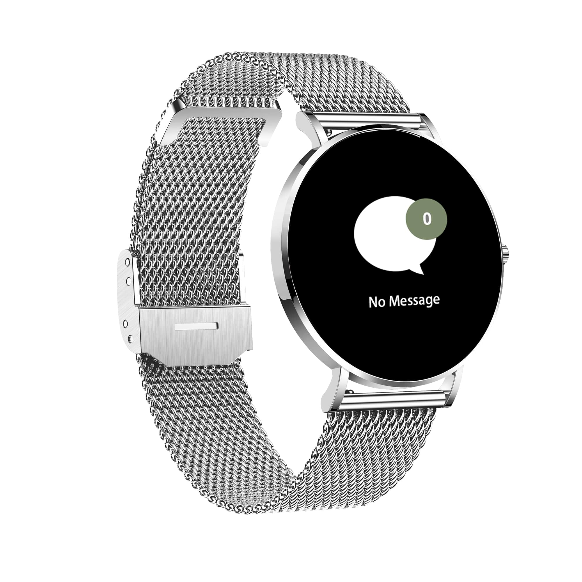 Eine silberne Smartwatch mit Mesh-Armband, die eine Nachricht auf dem Bildschirm anzeigt.