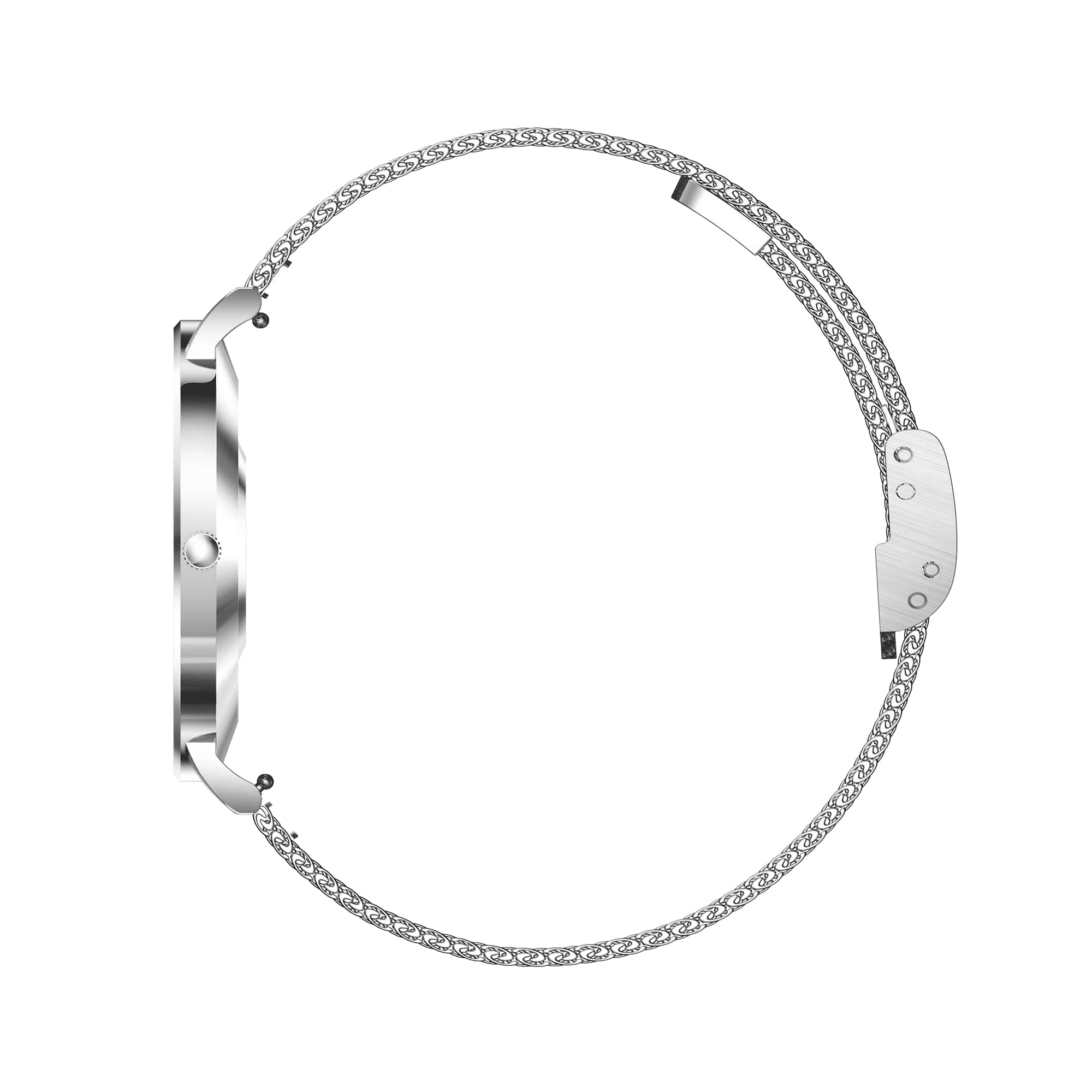 Eine silberne Armbanduhr. Die Uhr wird von der Seite betrachtet und zeigt das Zifferblatt und das Armband.