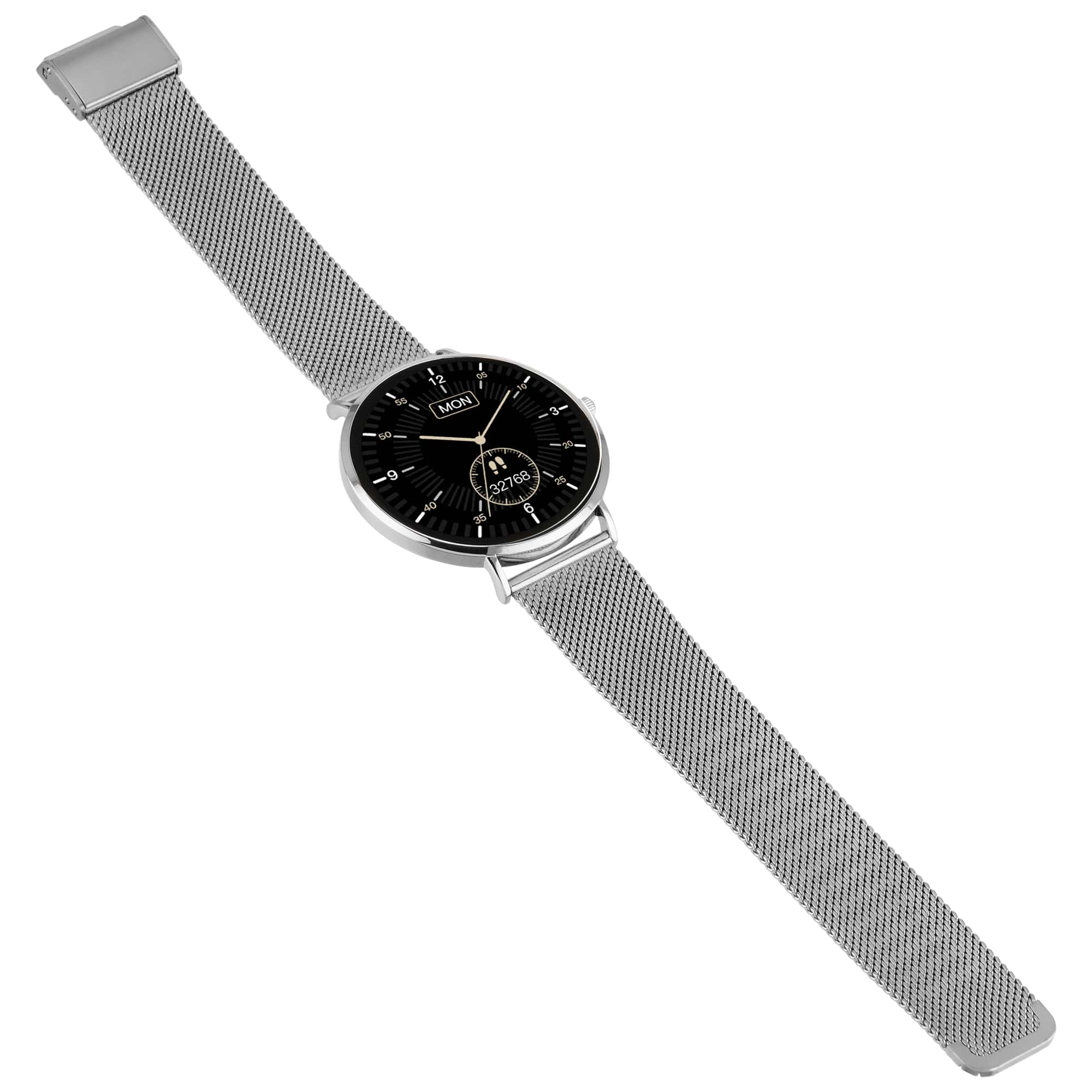 Eine silberne Smartwatch mit schwarzem, rundem Zifferblatt und einem metallischen Mesh-Armband.