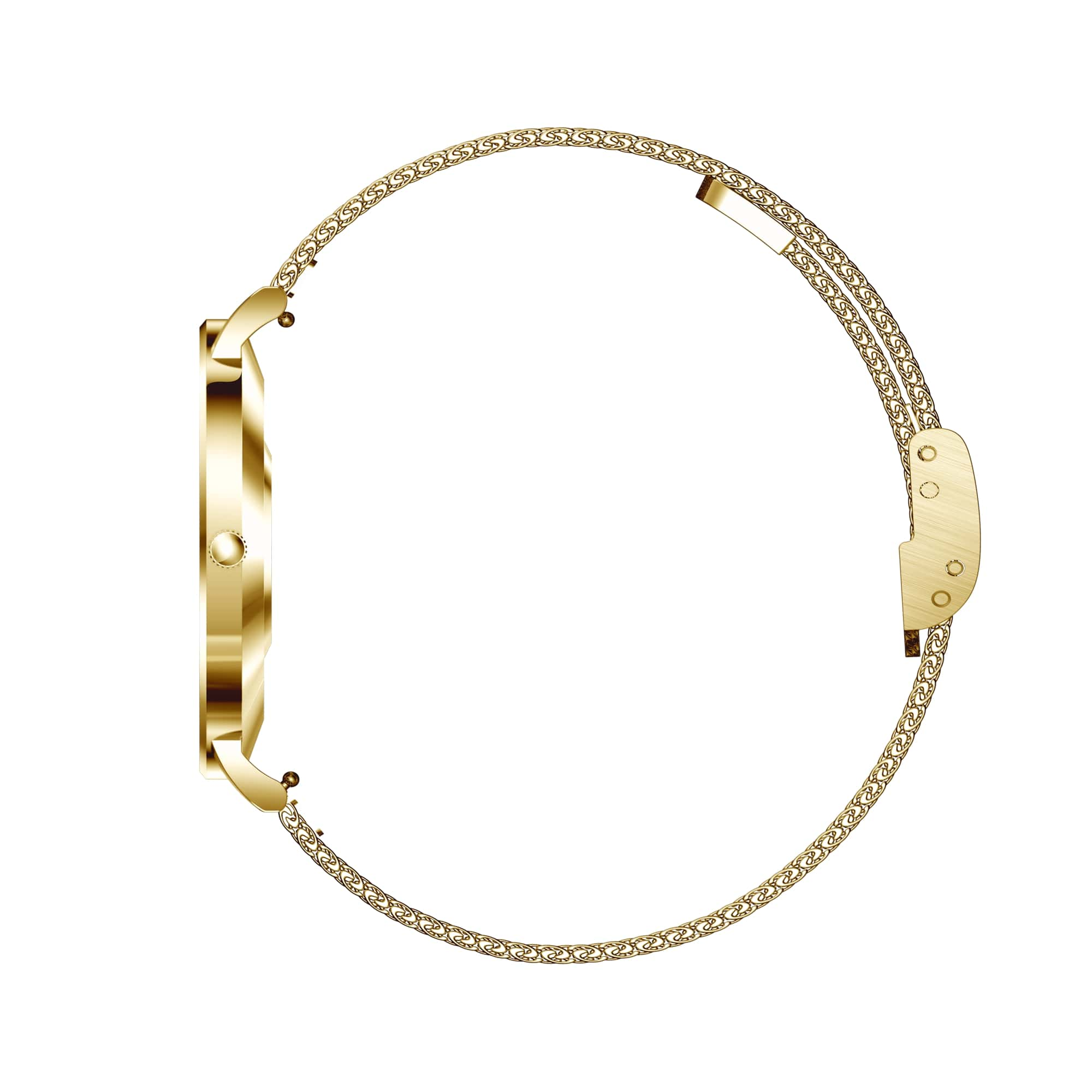 Goldene Uhr Profil mit Mesh-Band. Weißer Hintergrund.