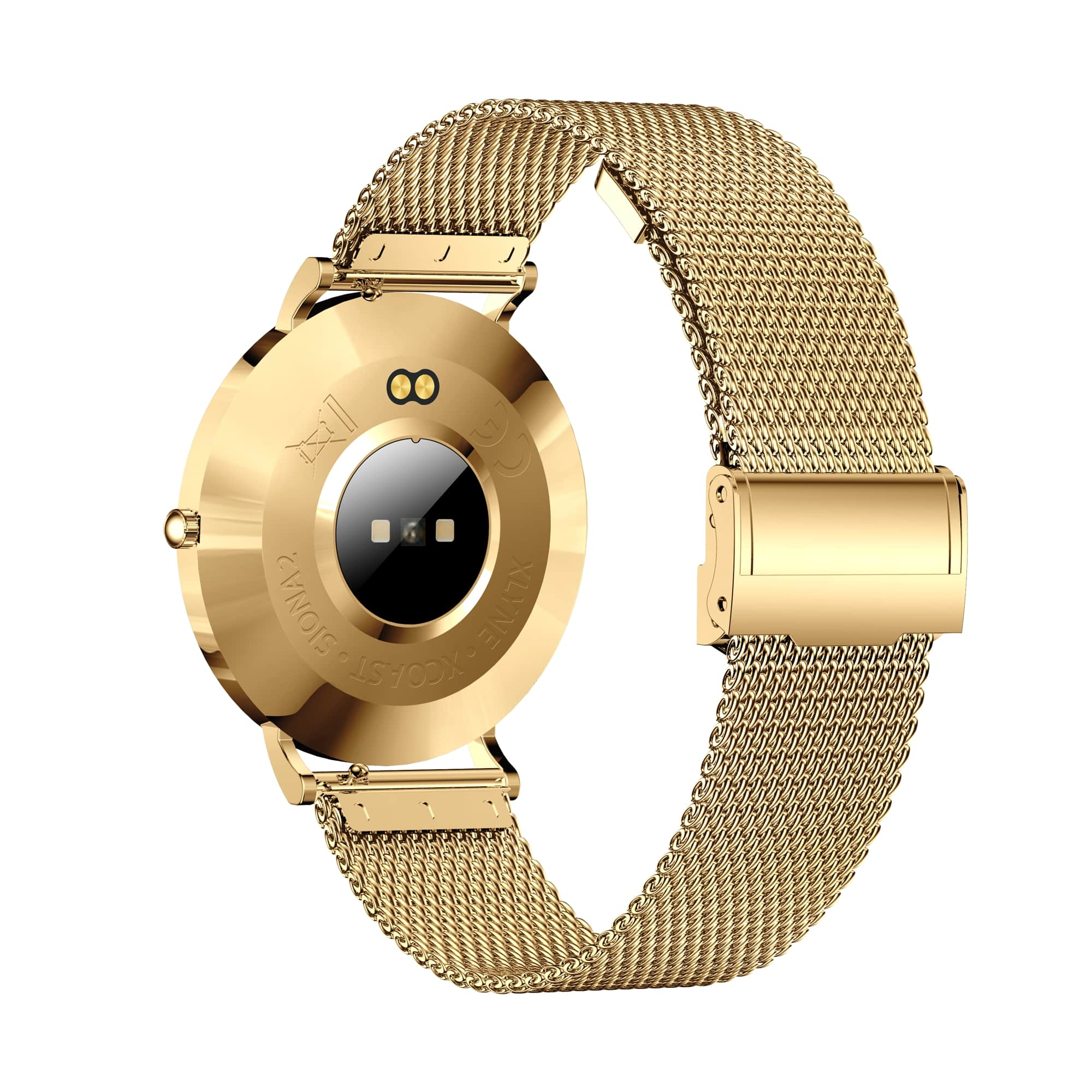 Goldene Smartwatch, Rückansicht, mit Metallgeflechtarmband. Das Zifferblatt hat schwarze Sensoren.