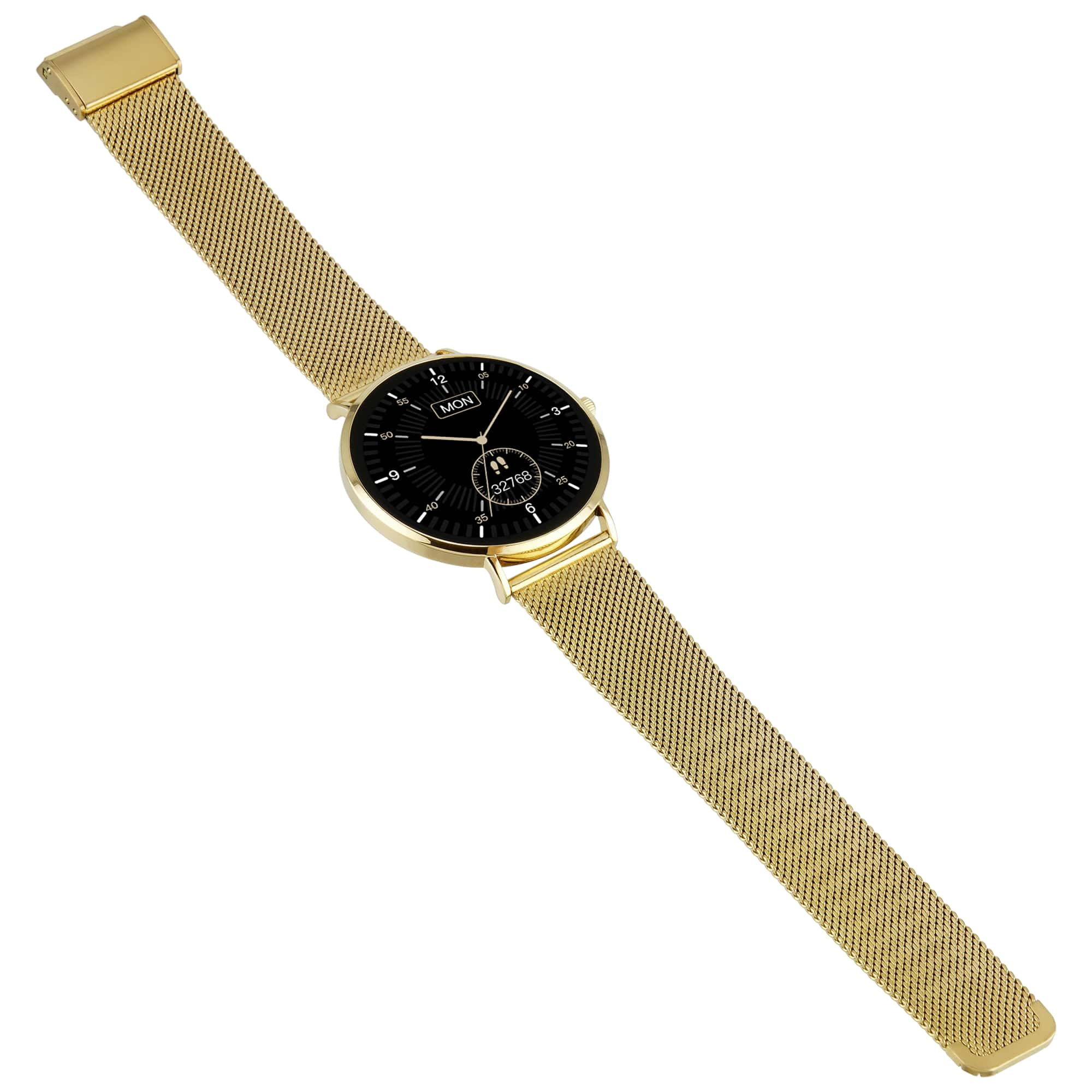 Goldene Smartwatch mit schwarzem Zifferblatt und goldenem Armband, schräg.