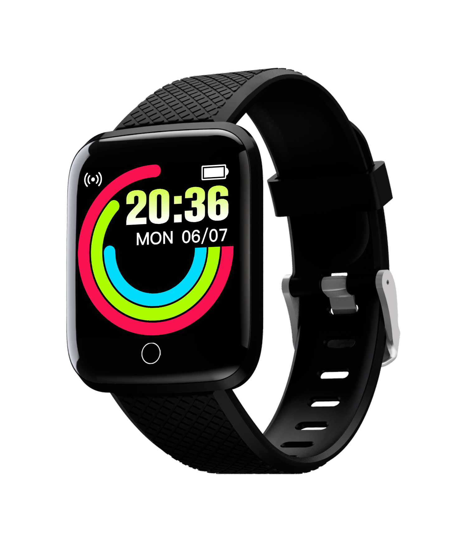 Reloj inteligente con correa negra. La esfera muestra la hora, la fecha y los anillos de actividad.