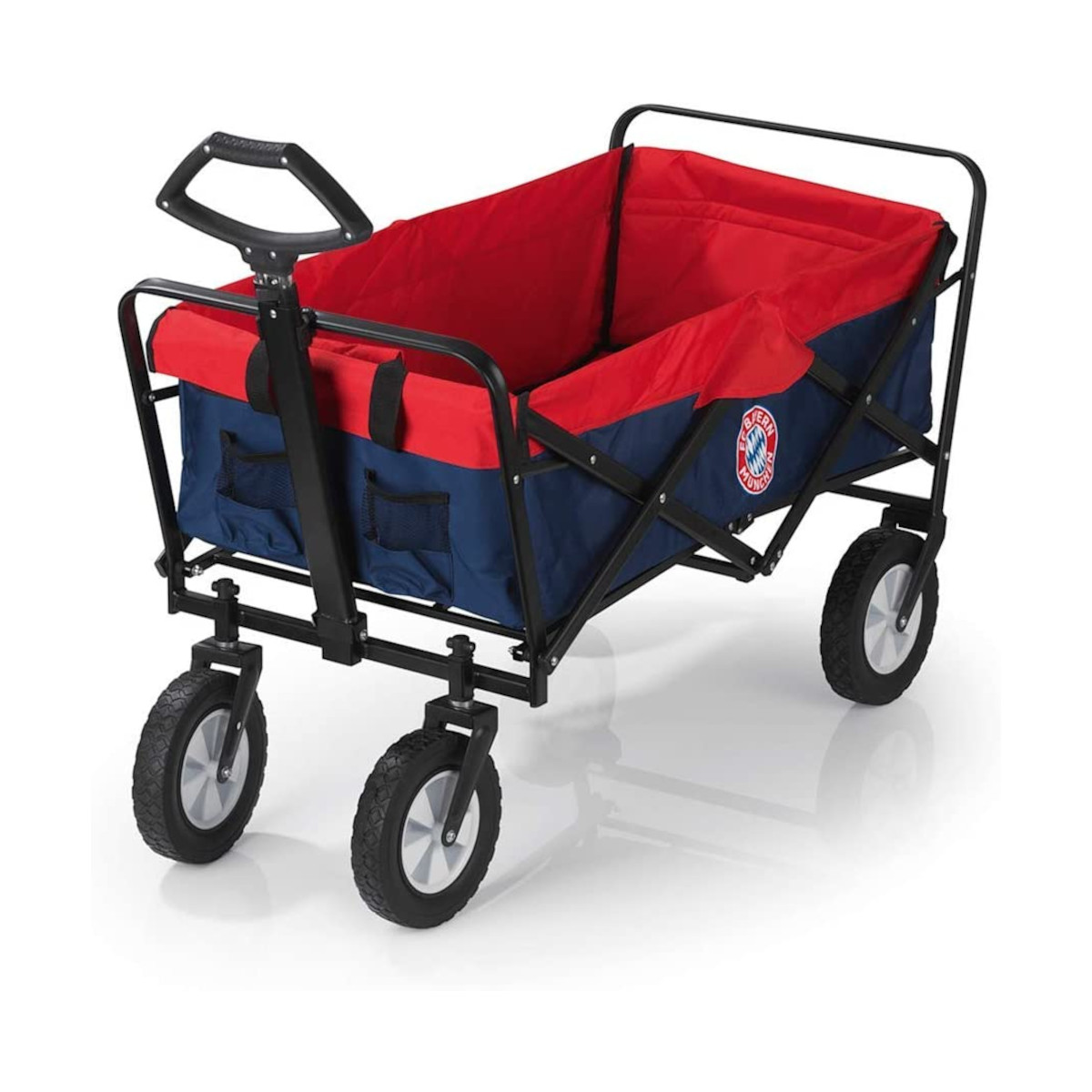 Ein roter und blauer Wagen mit schwarzem Rahmen und Rädern.