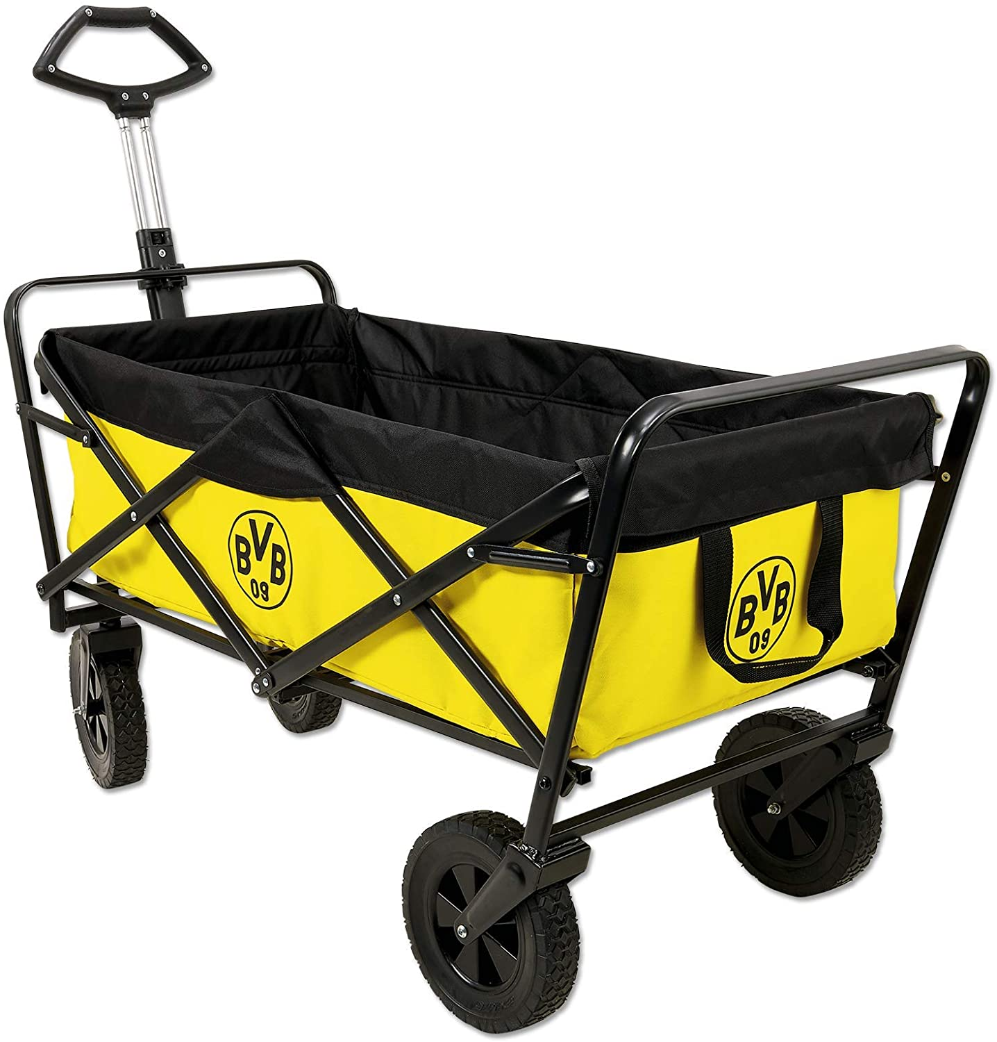 Ein schwarz-gelber BVB-Wagen mit Griff und schwarzen Rädern.