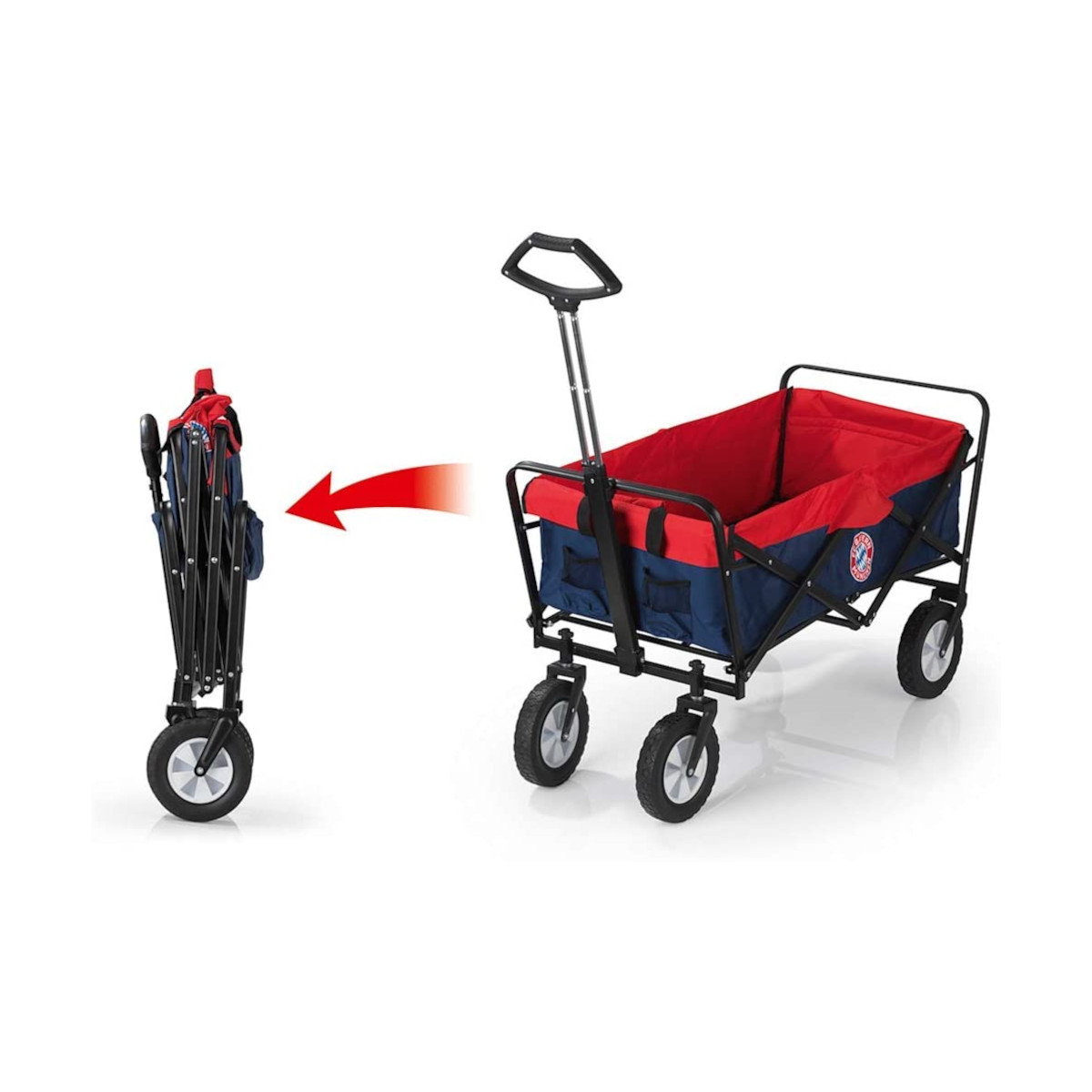 Ein gefalteter und ungefalteter rot-blauer Wagen mit schwarzem Griff auf weißem Grund.