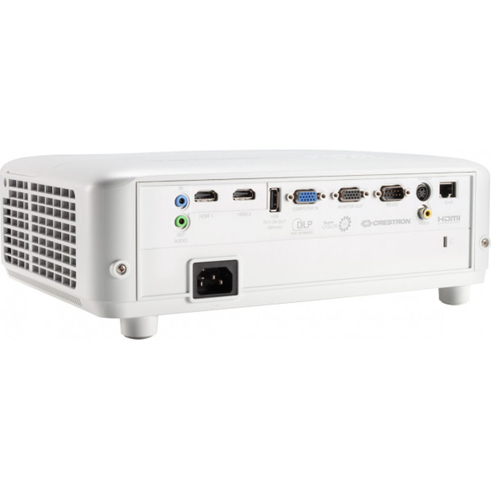 Tył białego projektora z portami połączeniowymi.