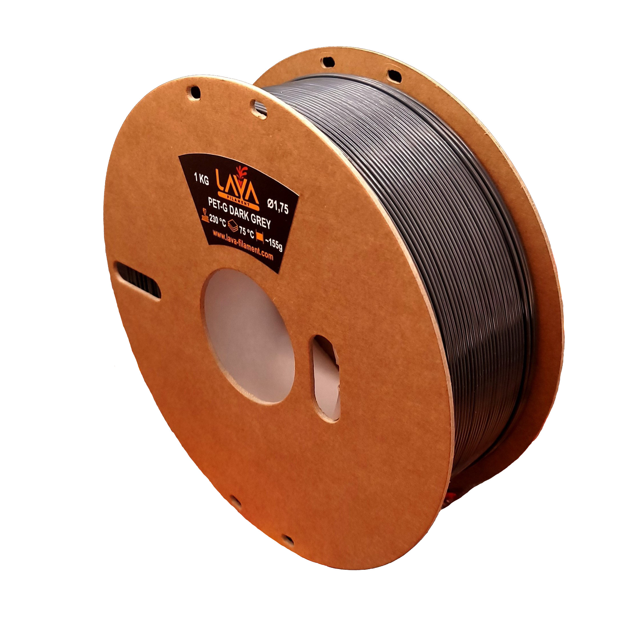 Eine Spule dunkelgrauen 3D-Drucker-Filaments mit Etikett.