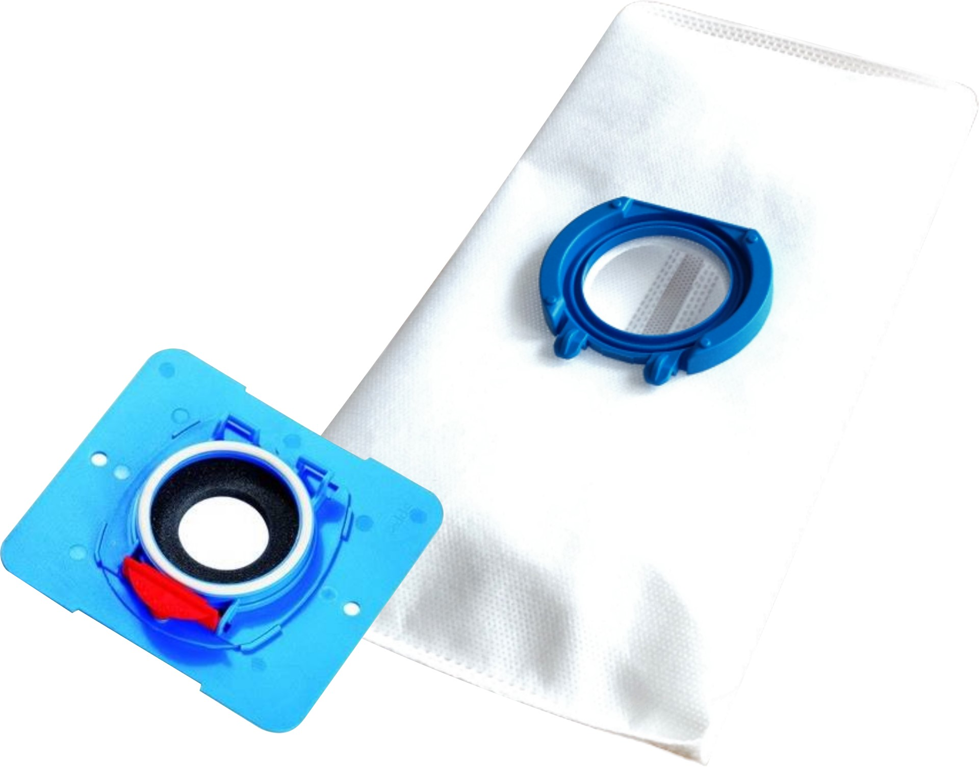 Staubsaugerbeutel mit blauem Kunststoffanschluss und einem separaten blau-weißen Kunststoffteil.