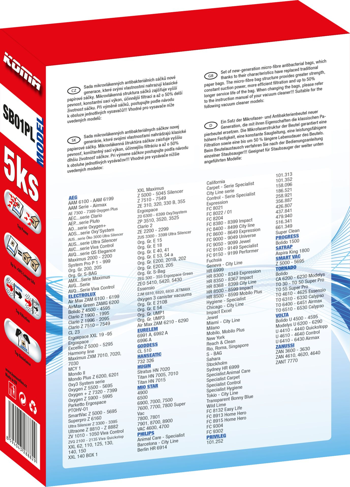Karton mit Staubsaugerbeuteln mit Text und Bildern. Text ist auf Englisch und anderen Sprachen.
