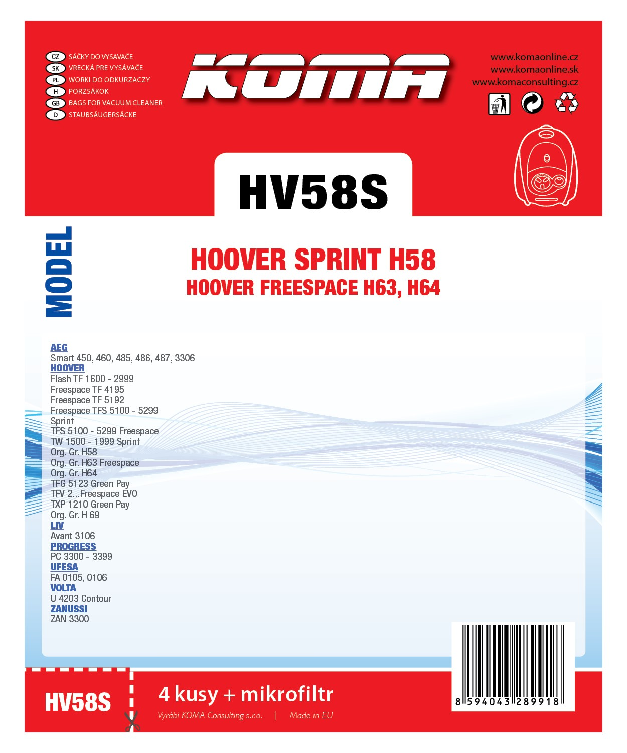 Eine Staubsaugerbeutel-Verpackung mit Text und Produktbild. Es hat das KOMA-Logo und das Modell HV58S.