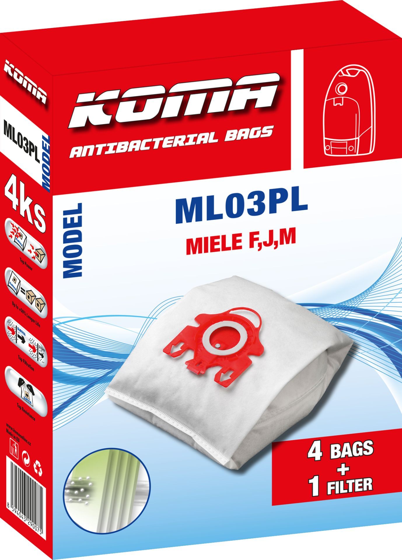 Eine Schachtel mit Staubsaugerbeuteln der Marke Koma, Modell ML03PL.