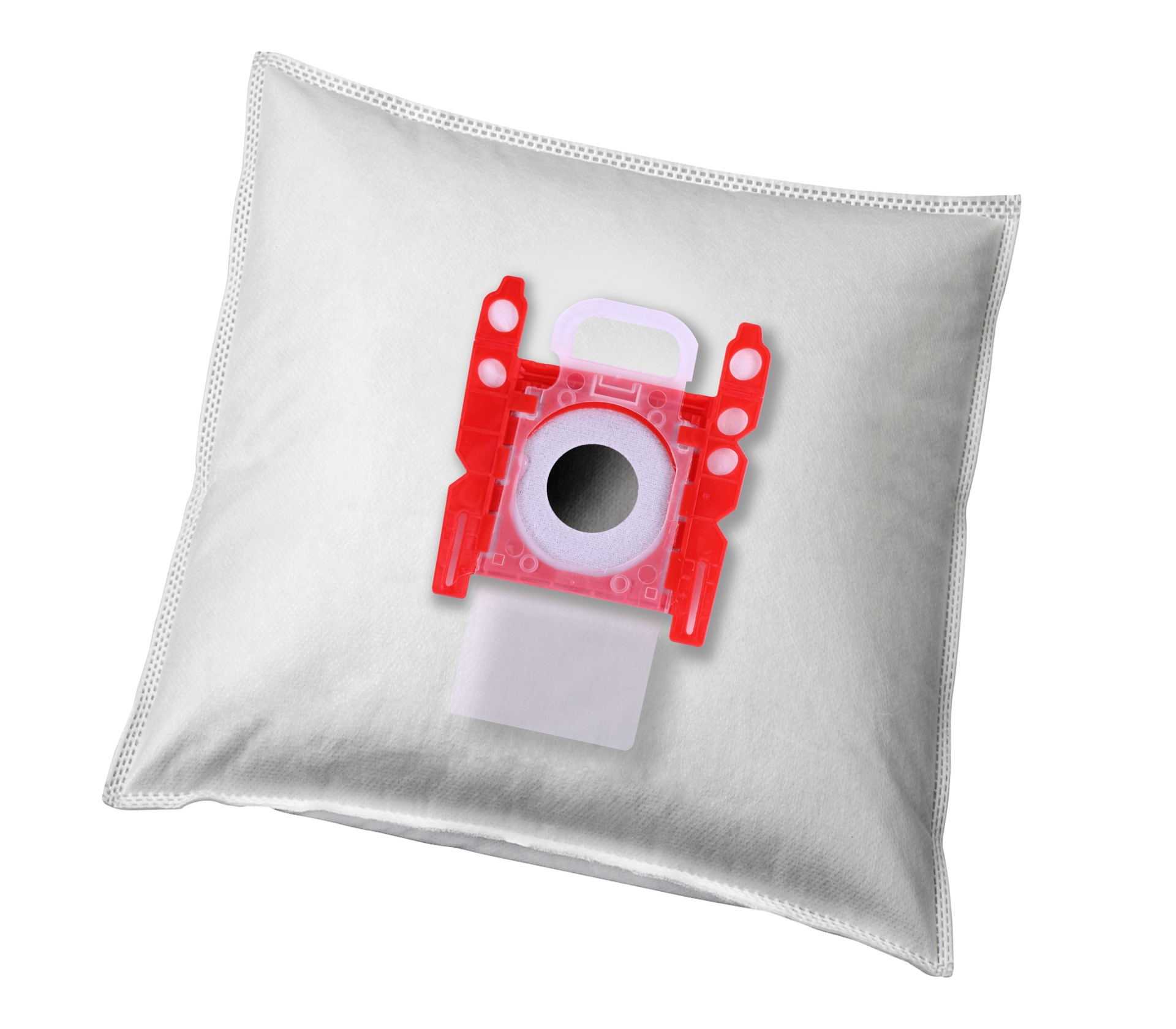 Weißer Staubsaugerbeutel mit rotem Kunststoffaufsatz, isoliert auf weißem Hintergrund.