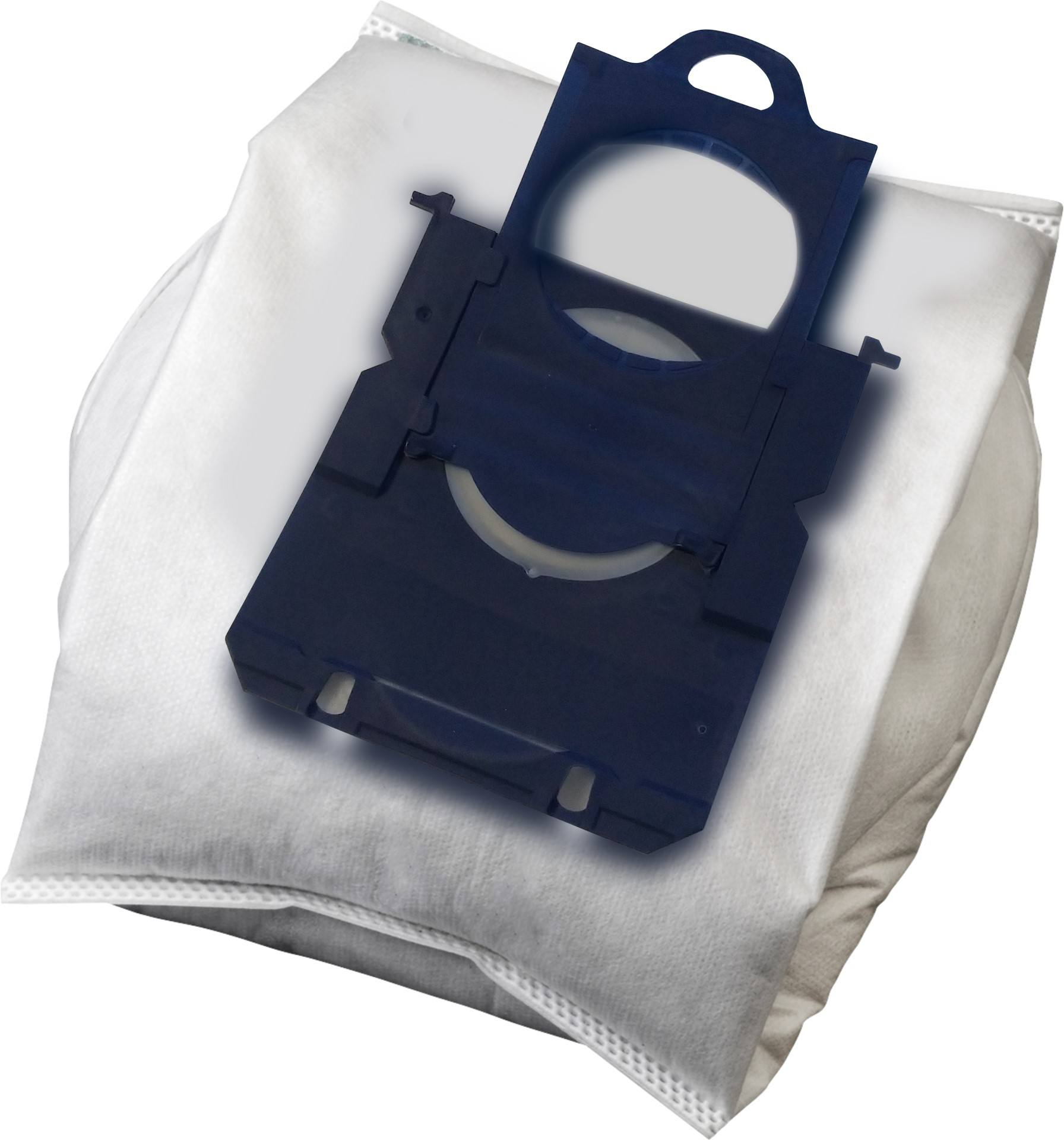 Ein weißer Staubsaugerbeutel mit einem blauen Kunststoffhalter. Der Beutel ist gefaltet und einsatzbereit.