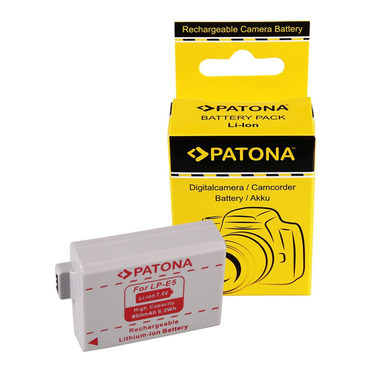 Eine weiße Kamera-Batterie und eine gelbe Akku-Pack-Box mit einer Kamera-Grafik.