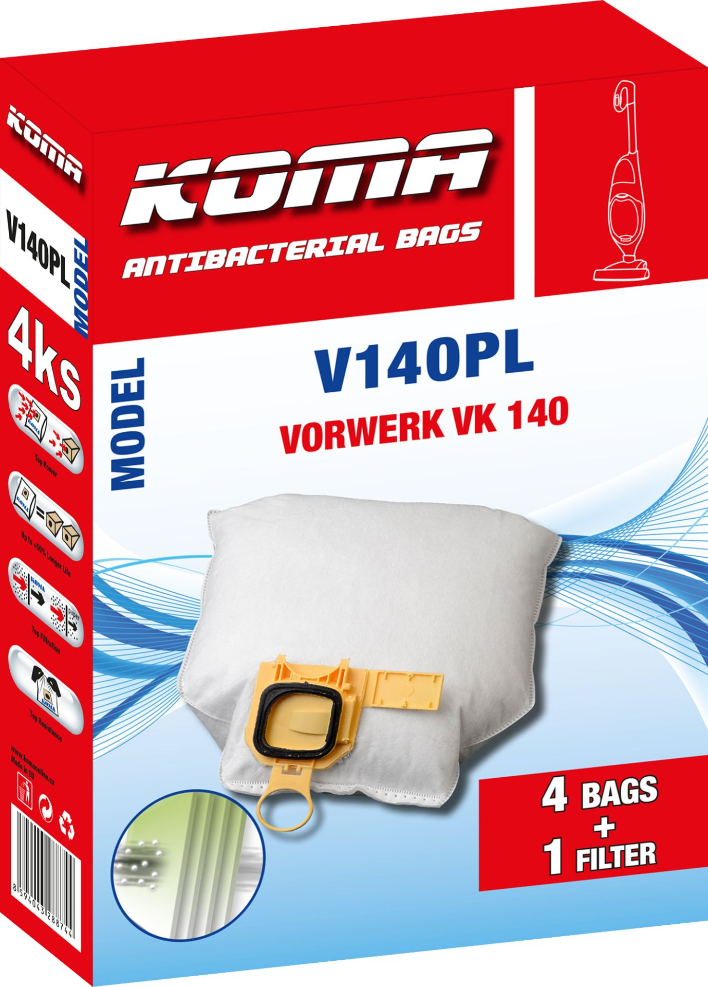 Box mit Staubsaugerbeuteln. Text: V140PL, Vorwerk VK 140. Die Box ist rot und weiß.