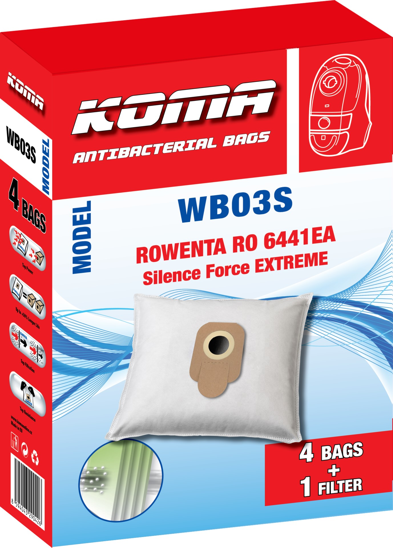 Rote und weiße Box mit Staubsaugerbeutel. Text auf der Box: KOMA, Antibakterielle Beutel, WB03S, 4 Beutel + 1 Filter.