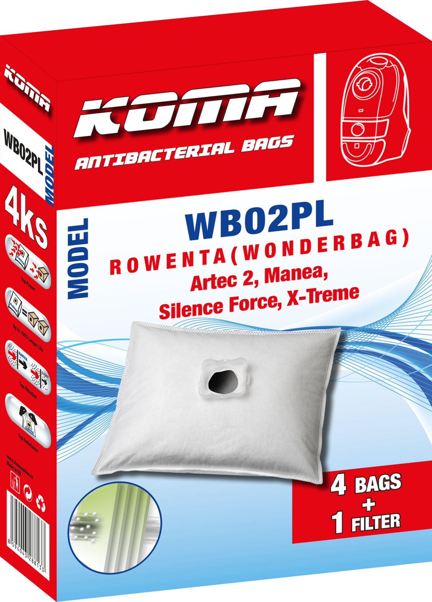 Eine rot-weiße Schachtel mit KOMA antibakteriellen Staubsaugerbeuteln. Der Beutel ist weiß mit einem Loch in der Mitte.