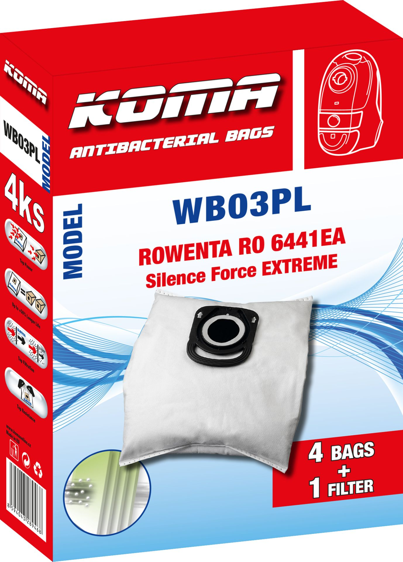 Eine Schachtel Staubsaugerbeutel. Text auf der Schachtel: WB03PL, Antibakterielle Beutel, Rowenta Silence Force Extreme.
