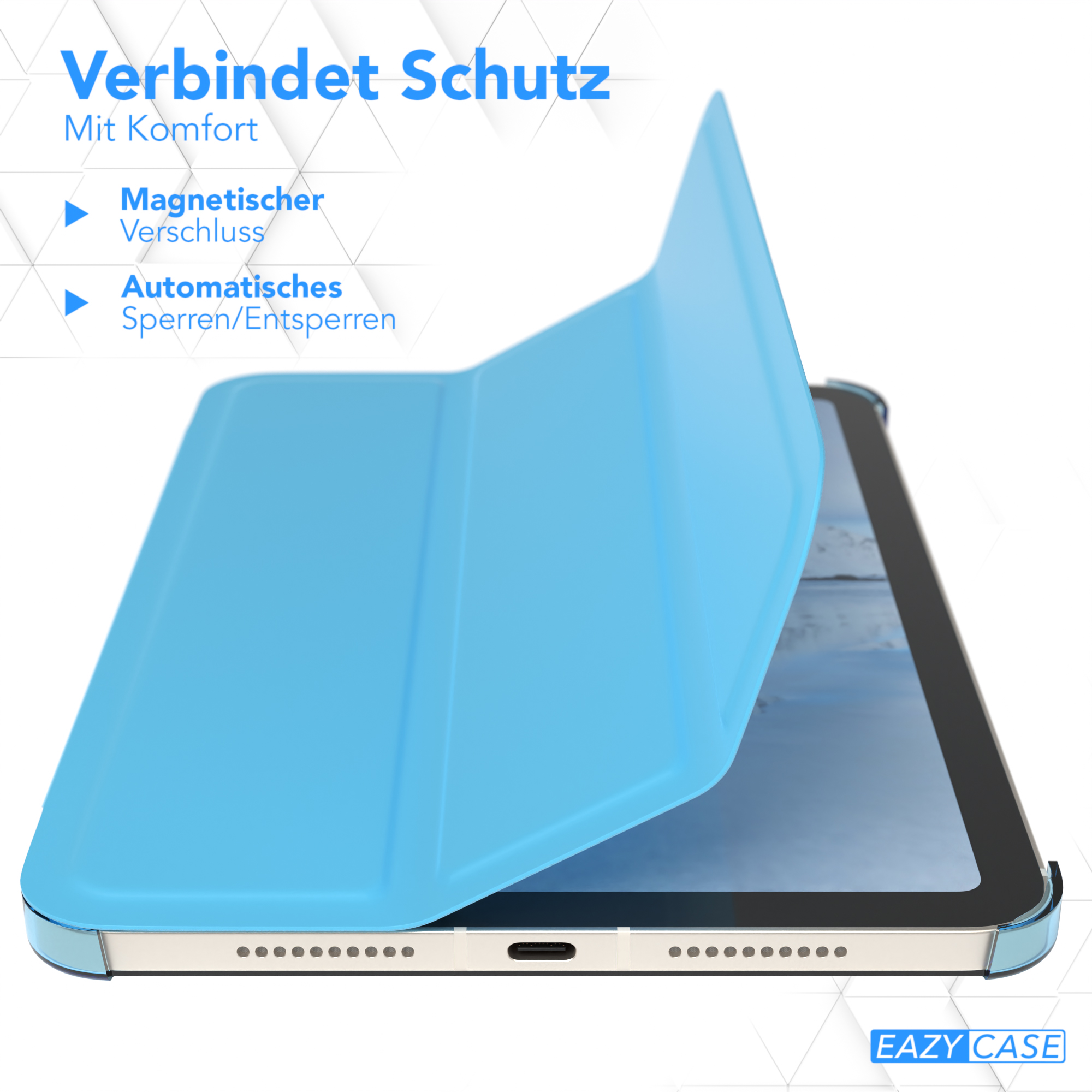Eine blaue Hülle bedeckt ein Tablet. Text: 'Verbindet Schutz', und hebt magnetischen Verschluss hervor.