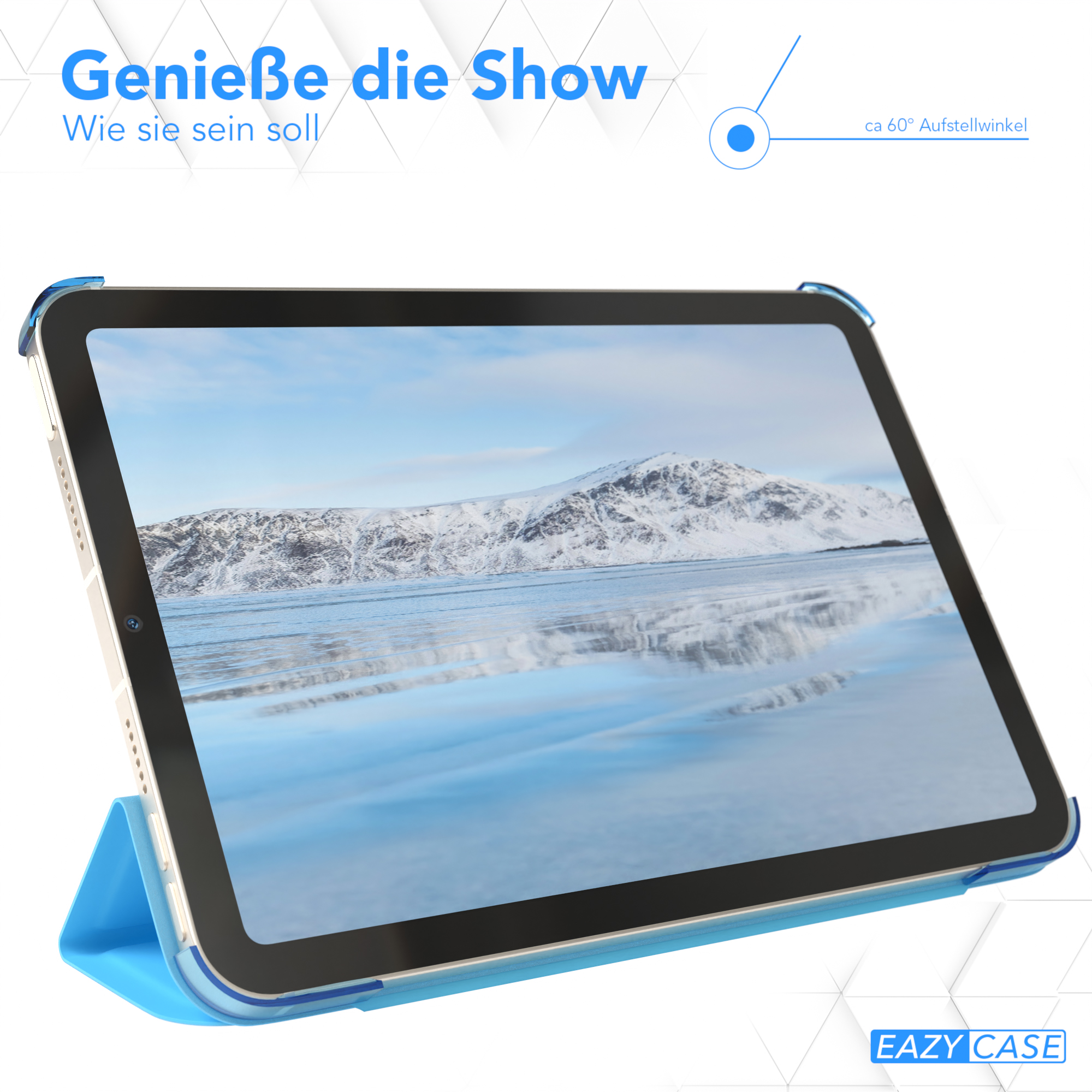 Tablet in blauem Gehäuse, Bildschirm zeigt Schneelandschaft, weißer Hintergrund.