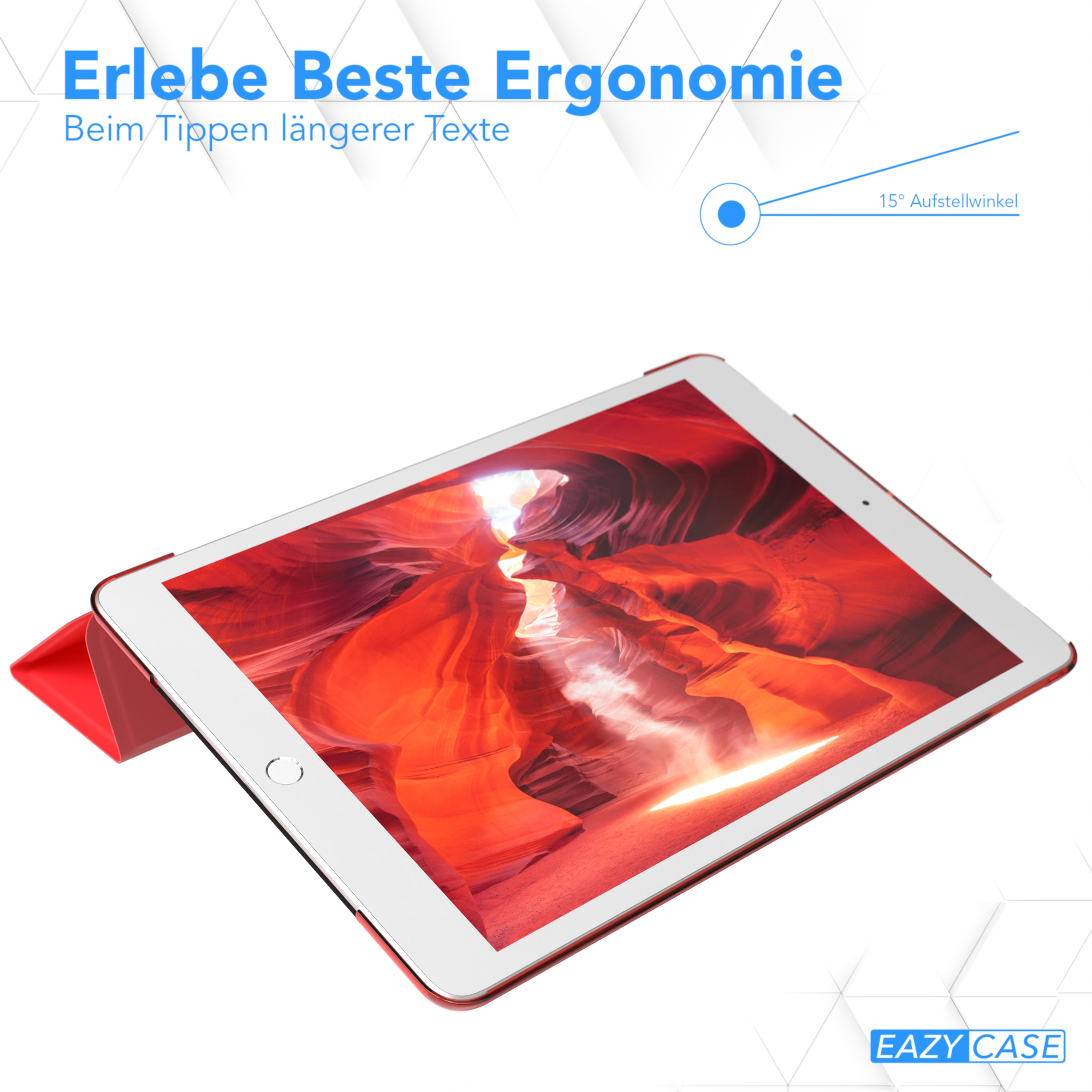 Tablet mit rotem Gehäuse, das eine Schluchtszene zeigt. Markiert mit einem 15°-Winkel.