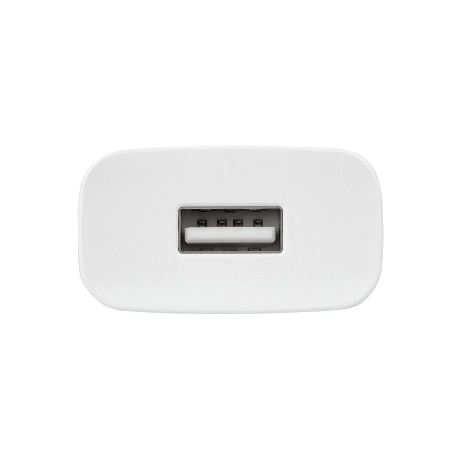 Caricatore USB bianco con porta USB. Sfondo bianco.