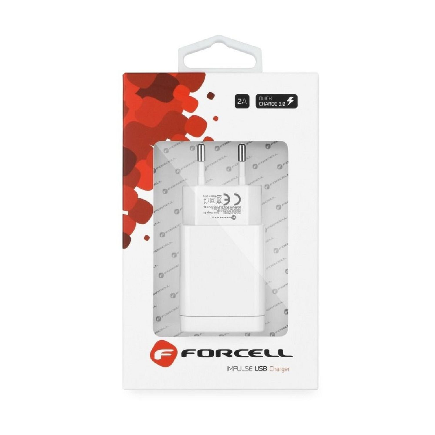 Caricatore USB bianco in confezione. Testo: 2A, Ricarica rapida 3.0. Marchio: Forcell.