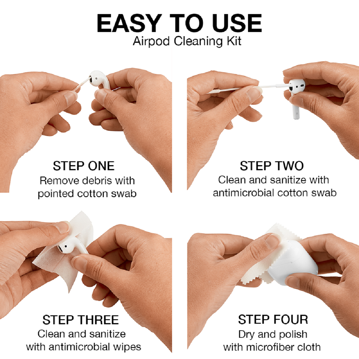 Guida in quattro fasi per la pulizia degli Airpods. Mani che usano tamponi, salviette e panno.