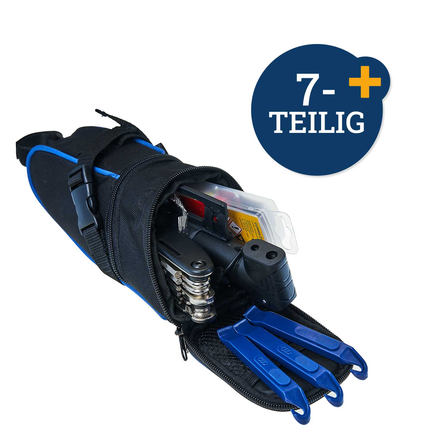Schwarze Fahrradtasche mit Werkzeugen, einschließlich Pumpe und Reifenhebeln. Blaue Akzente.