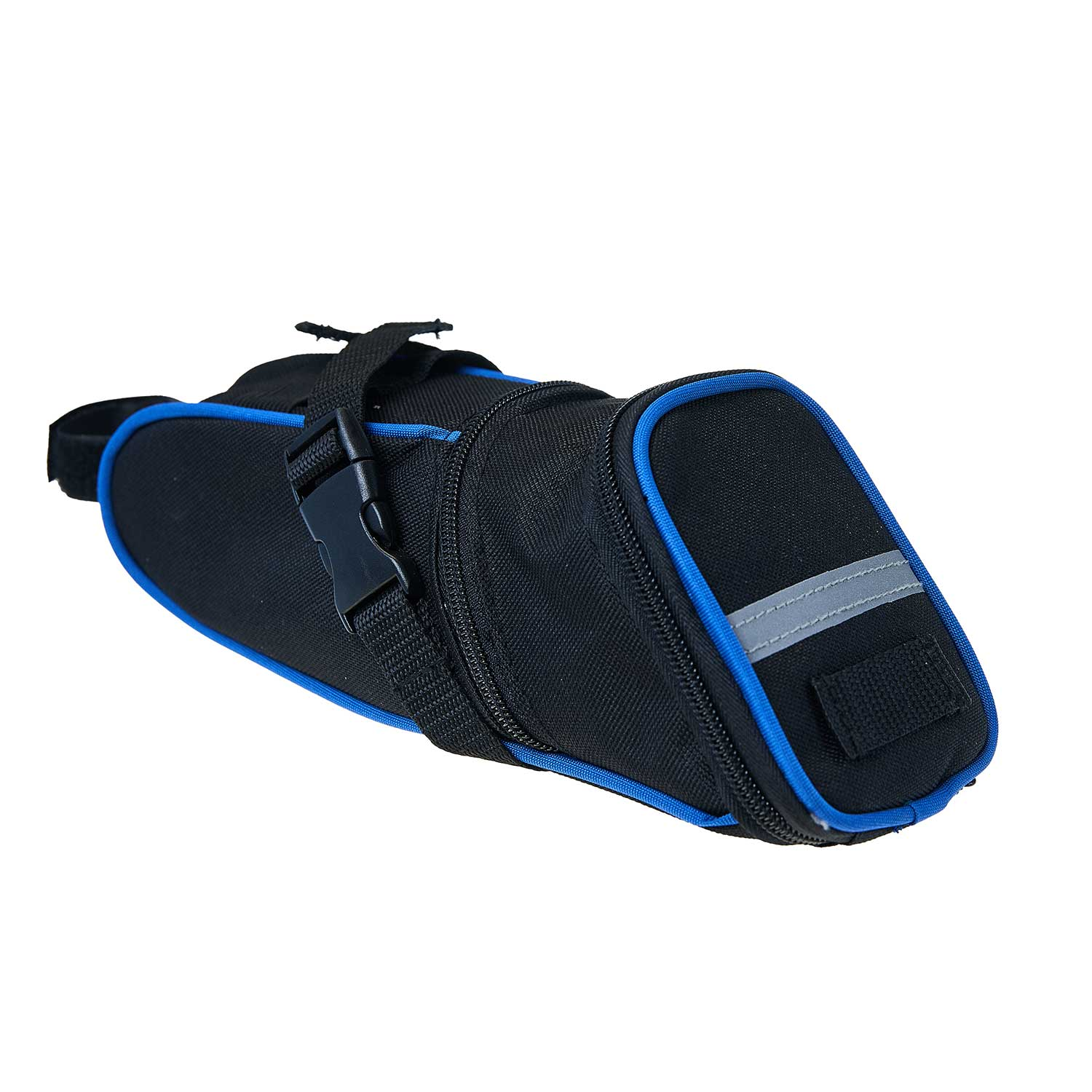 Schwarze und blaue Fahrrad-Satteltasche, mit Reflexstreifen und Schnalle.