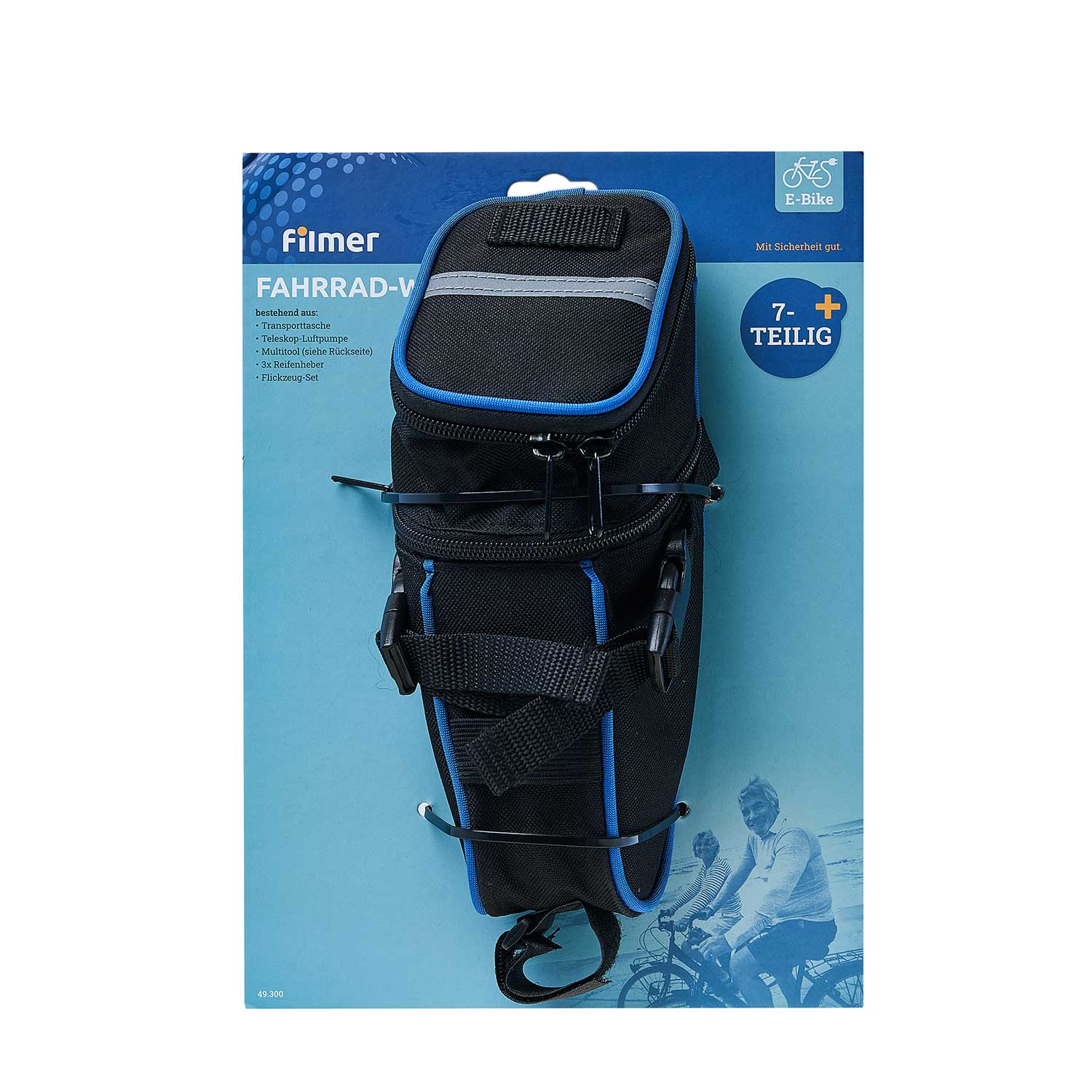 Eine schwarz-blaue Fahrradtasche, an einer Displaykarte befestigt. Text zum Produkt wird angezeigt.