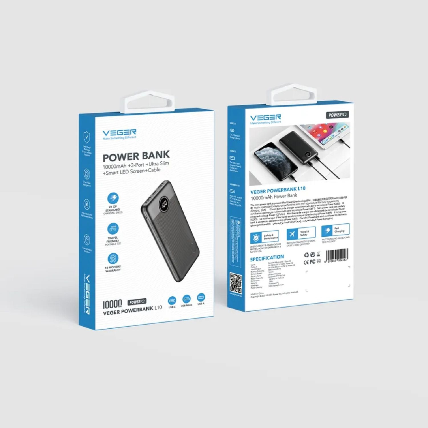 Zwei Powerbank-Boxen, weiß und schwarz, werden angezeigt. Die Verpackung zeigt Produktdetails.