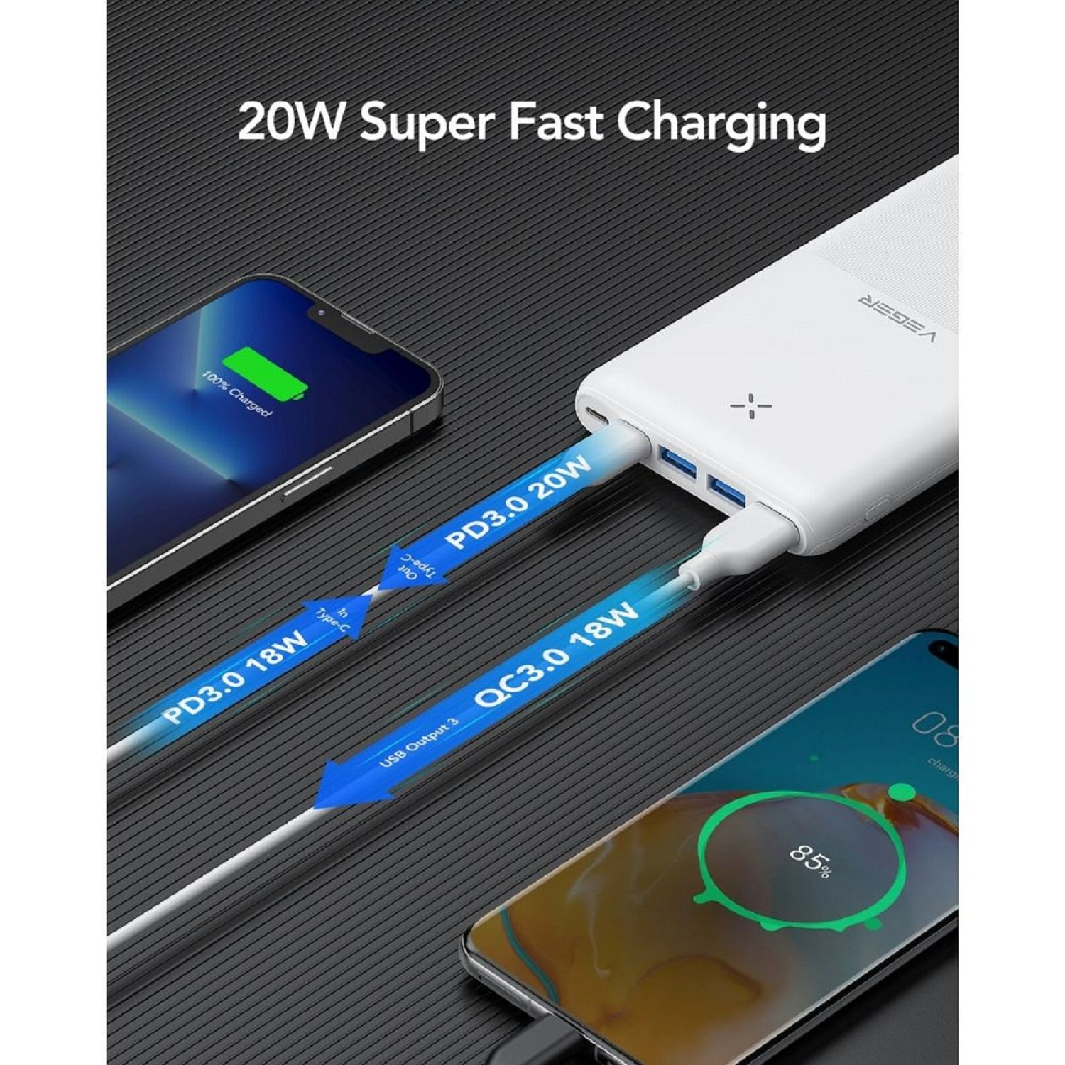 Due telefoni in carica con cavi da un power bank. Un telefono mostra il 100% di carica, l'altro l'85%.