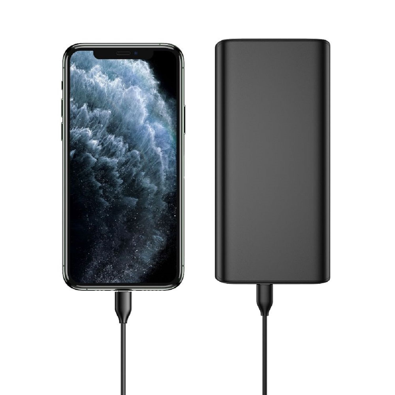 Schwarzes Telefon, verbunden mit einer schwarzen Powerbank mit einem Ladekabel.