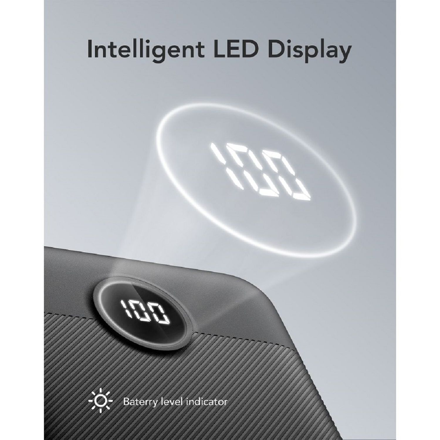 Schwarzes Gerät mit 100 % Anzeige. Grauer Hintergrund mit Text 'Intelligent LED Display'.