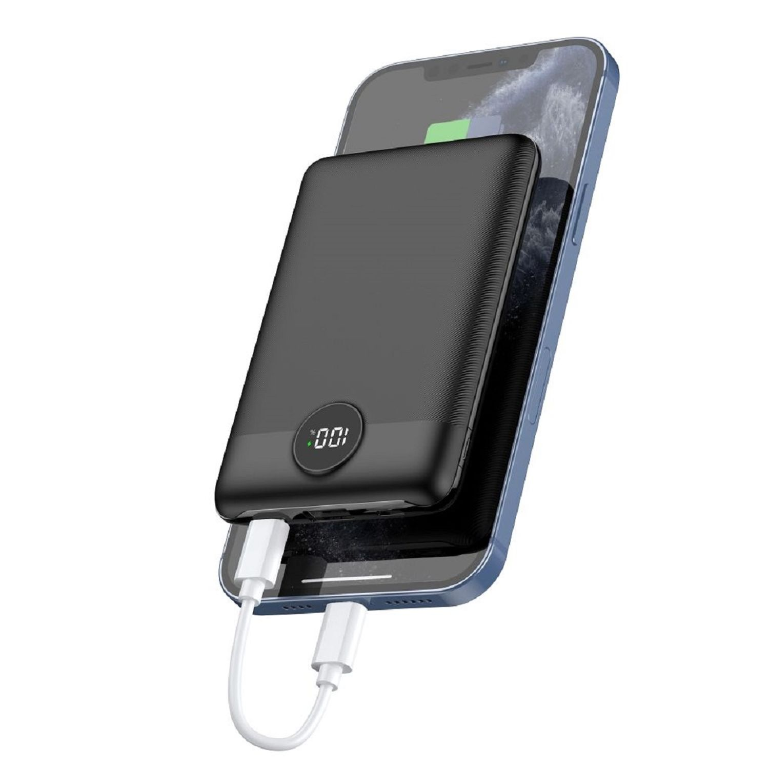 Schwarze Powerbank, die ein blaues iPhone auflädt. Weißes Ladekabel an beiden Geräten.
