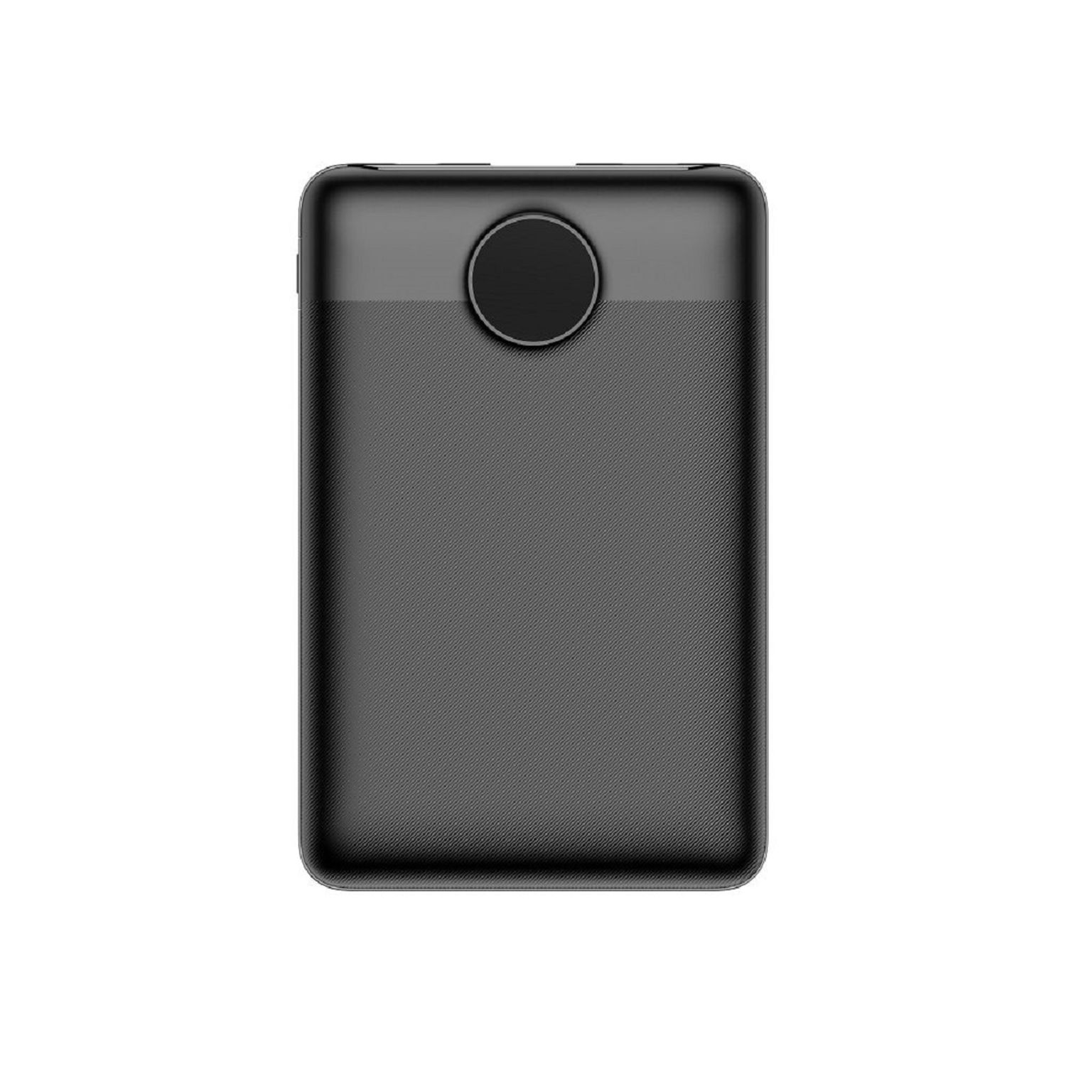 Schwarze Powerbank mit einem Kreis oben und einer strukturierten Oberfläche.
