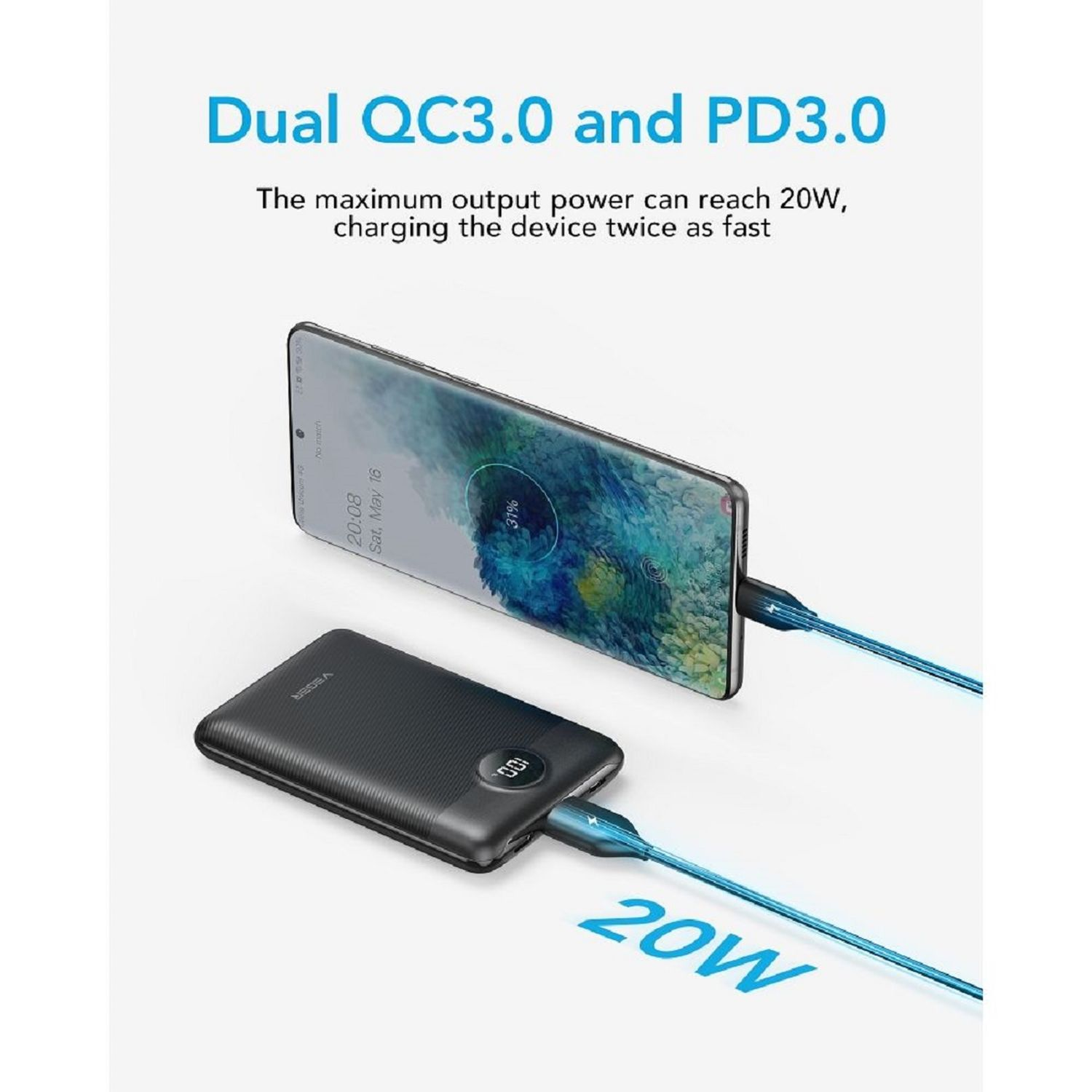 Powerbank lädt ein Telefon. Text: Dual QC3.0 und PD3.0. 20W. Telefon zeigt 31%.