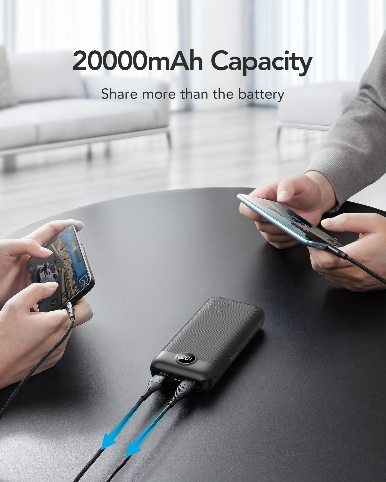 Due persone caricano telefoni con un power bank. Il power bank mostra una percentuale.