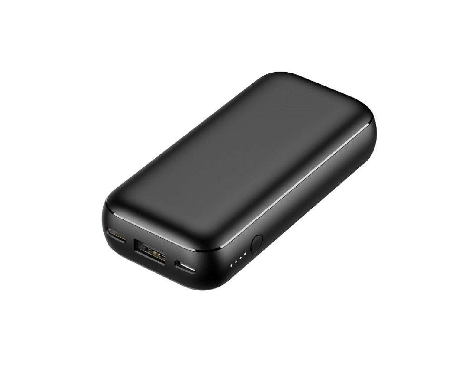 Power bank rettangolare nera su bianco. Ha USB e pulsanti di accensione.