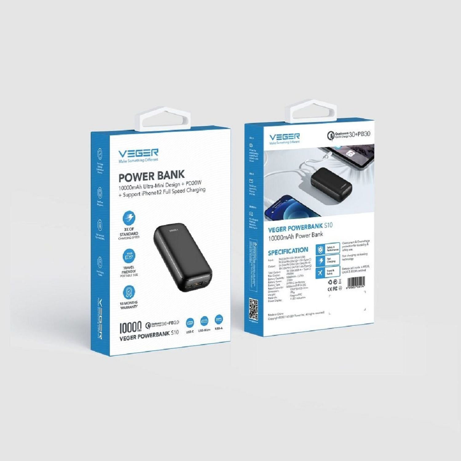Due scatole, un power bank nero, con specifiche e dettagli di design, su sfondo bianco.