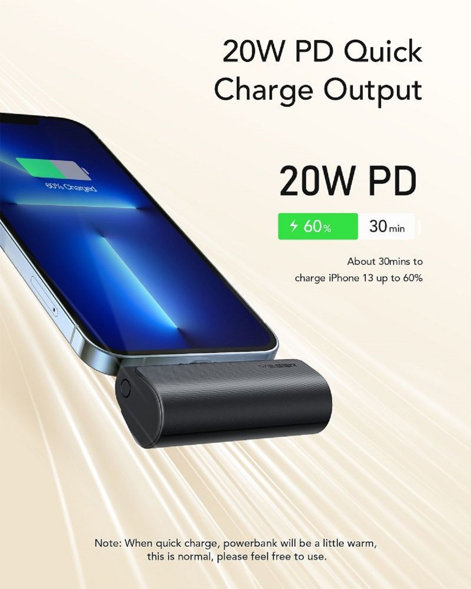 Telefon lädt mit Powerbank. Telefon zeigt 60% Ladung in 30 Minuten mit 20W PD.