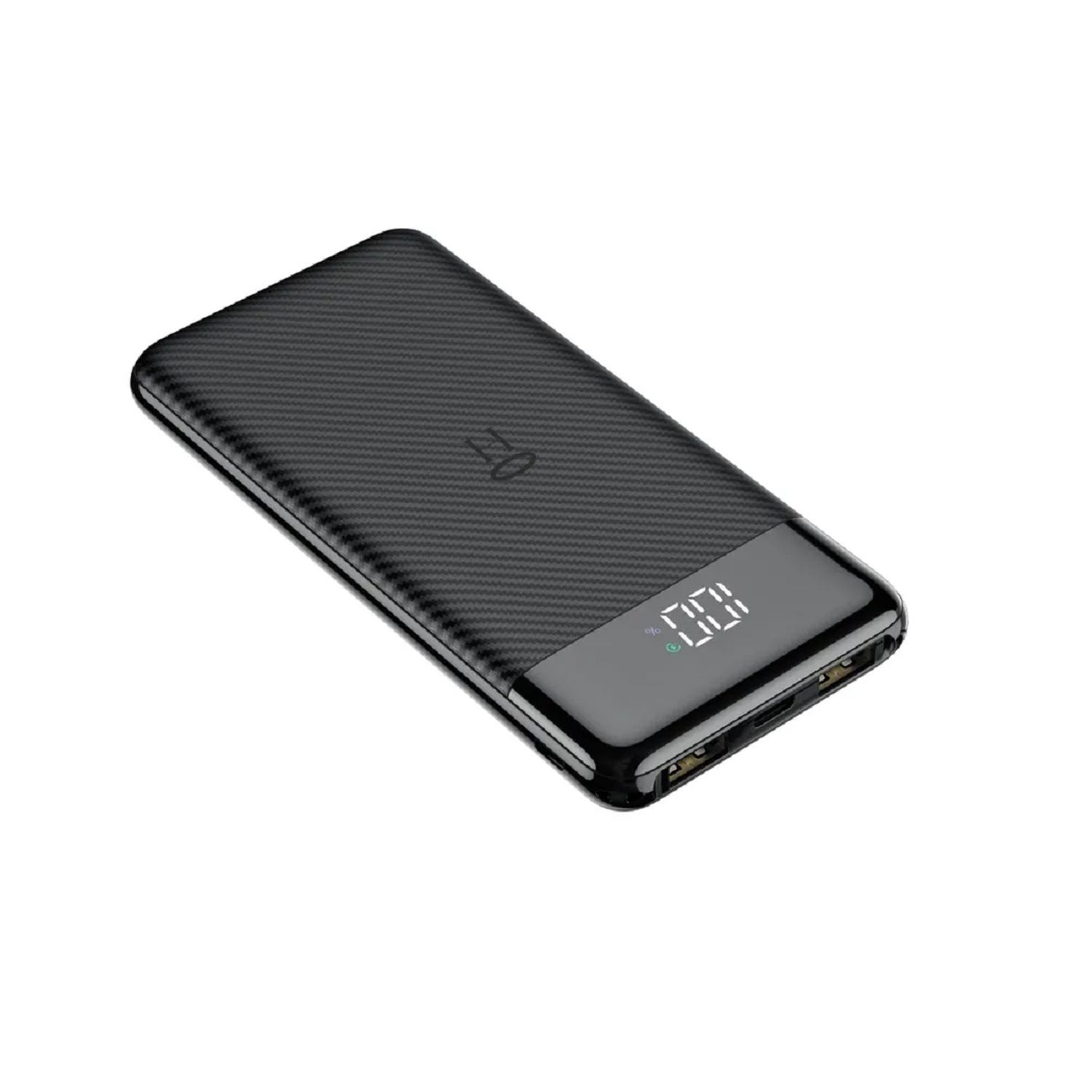 Batería externa negra con pantalla digital que muestra el 100%. La superficie tiene un patrón texturizado.