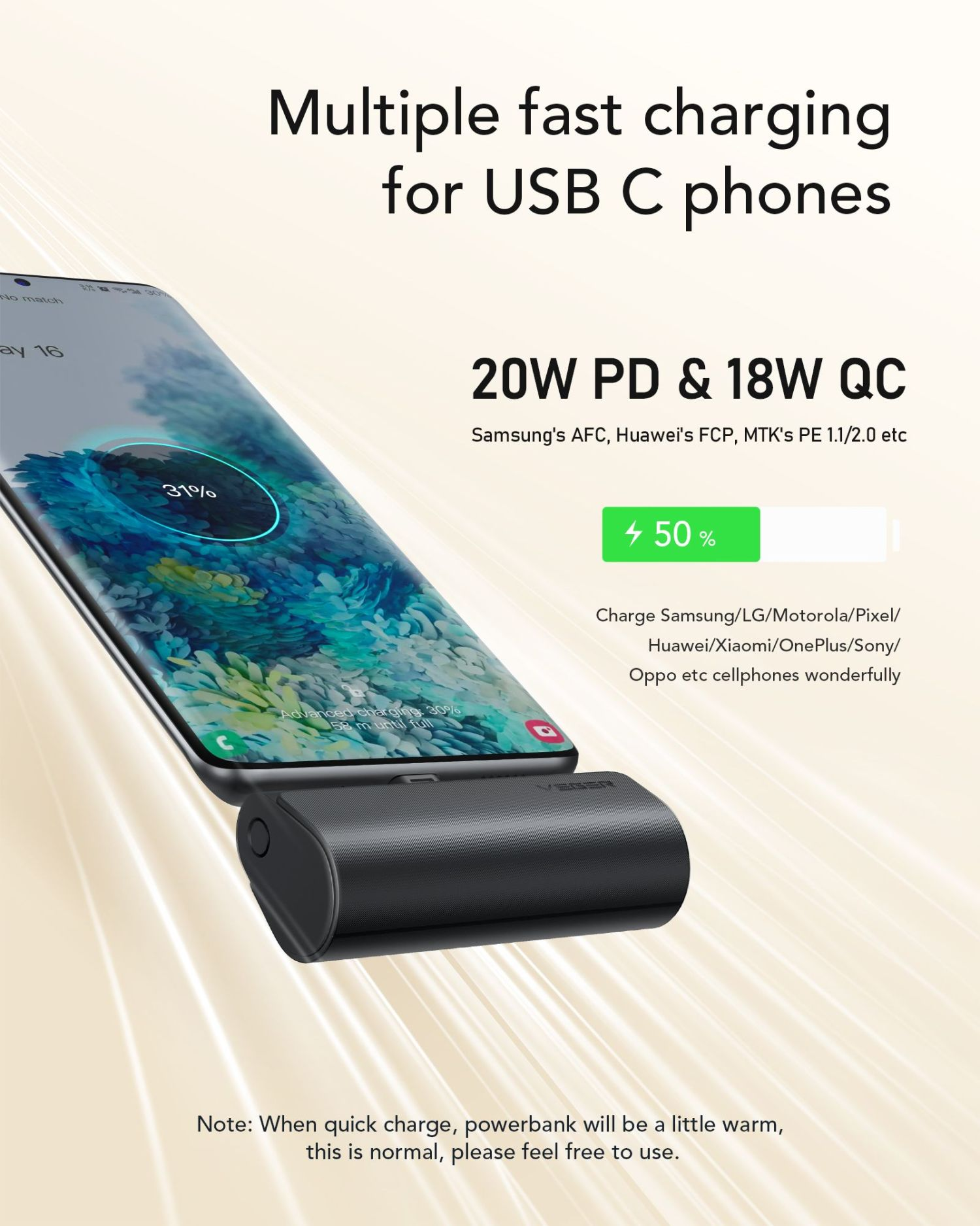 Telefono in carica su power bank nero. Testo: Ricarica multipla veloce per telefoni USB C.