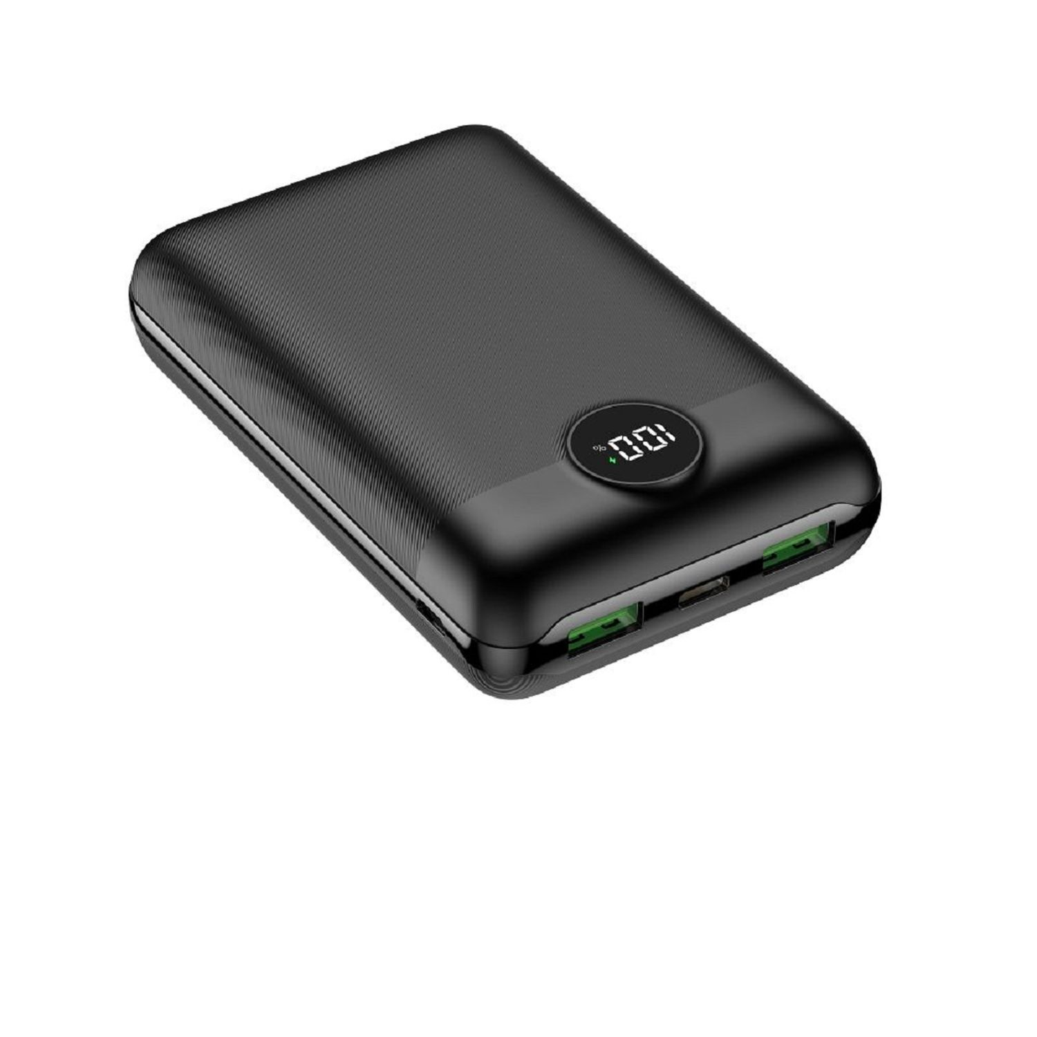 Schwarze Powerbank mit grünen Anschlüssen und digitaler Anzeige '100', isoliert auf Weiß.