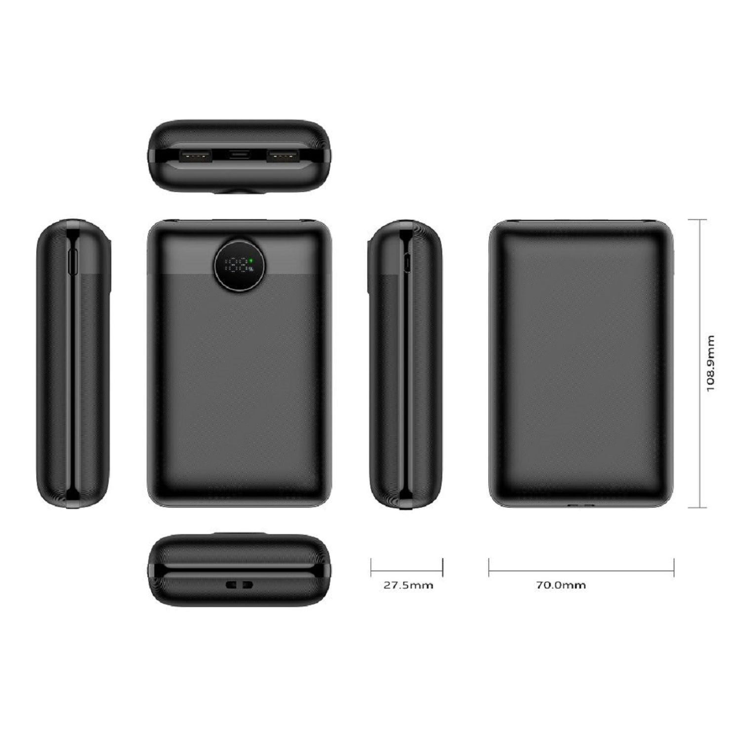 Mehrere Ansichten einer schwarzen Powerbank mit Abmessungen.