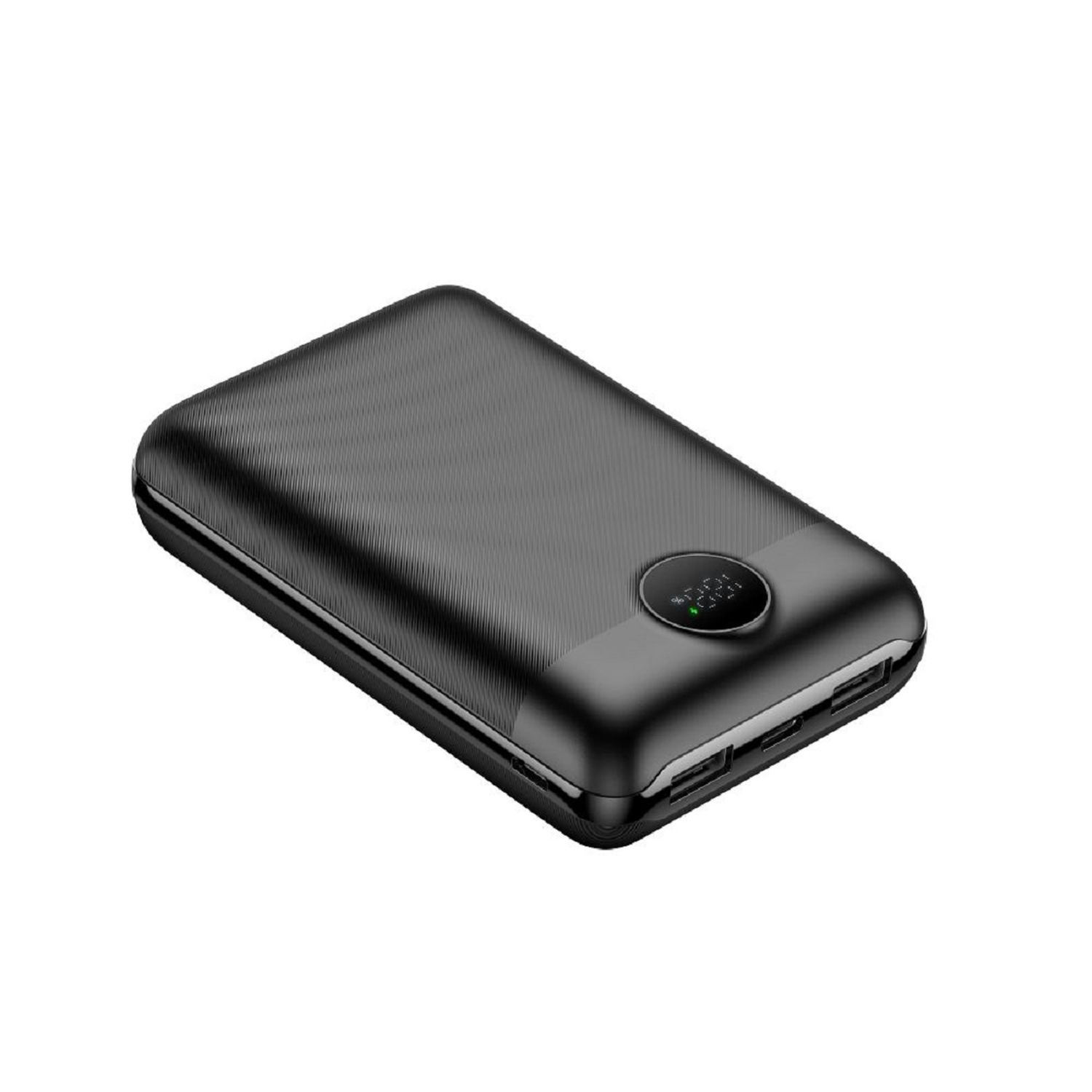 Schwarze Powerbank mit strukturierter Oberfläche, Ladezustand wird angezeigt, isoliert auf weißem Hintergrund.