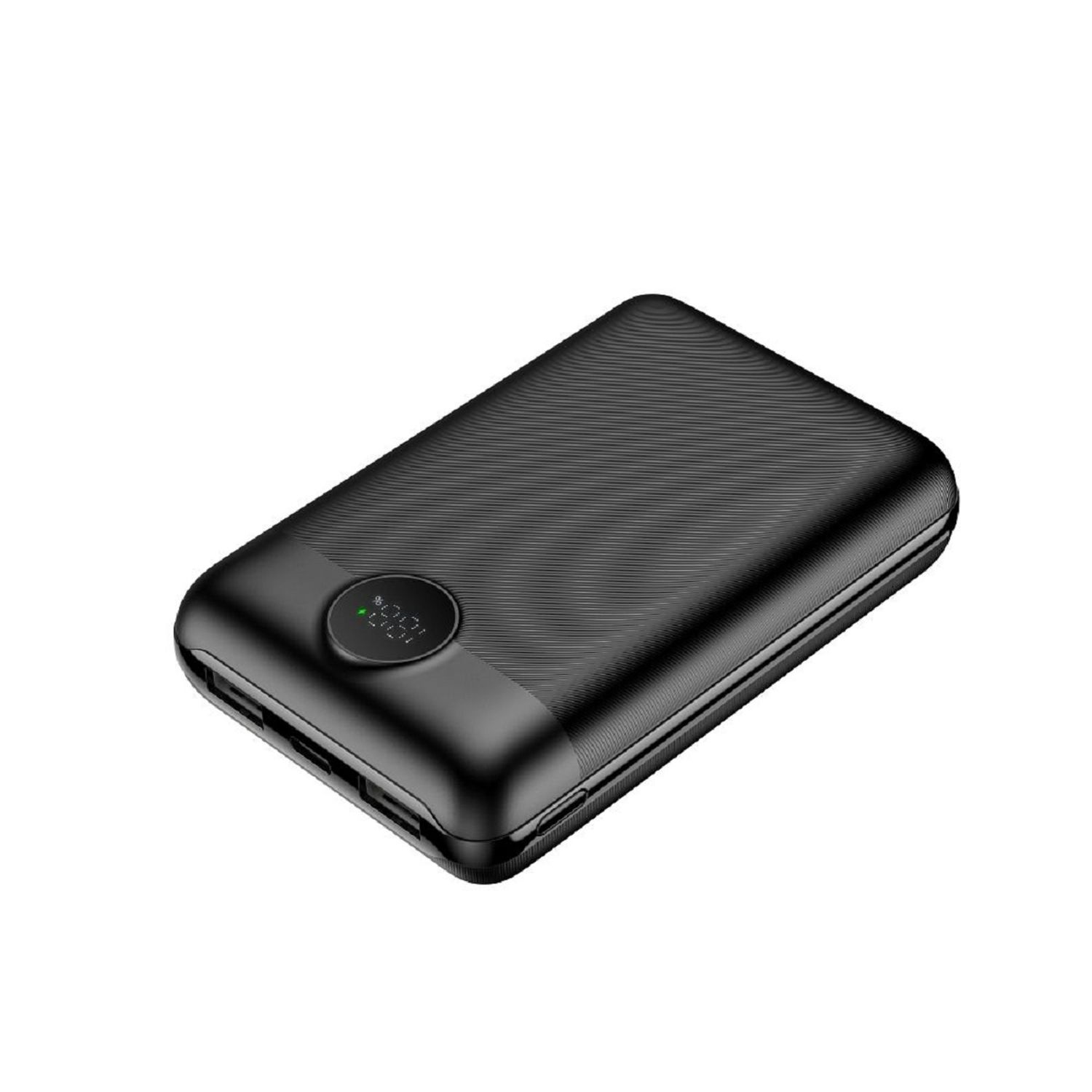 Schwarze Powerbank mit Digitalanzeige zur Anzeige des Akkustands.