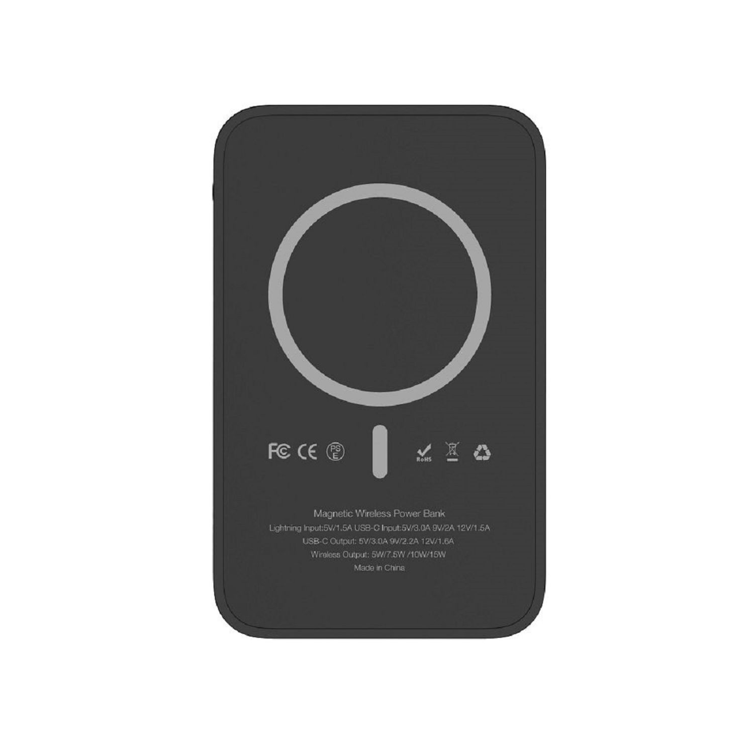 Schwarze, magnetische, kabellose Powerbank mit kreisförmigem Ladebereich und Informationstext.